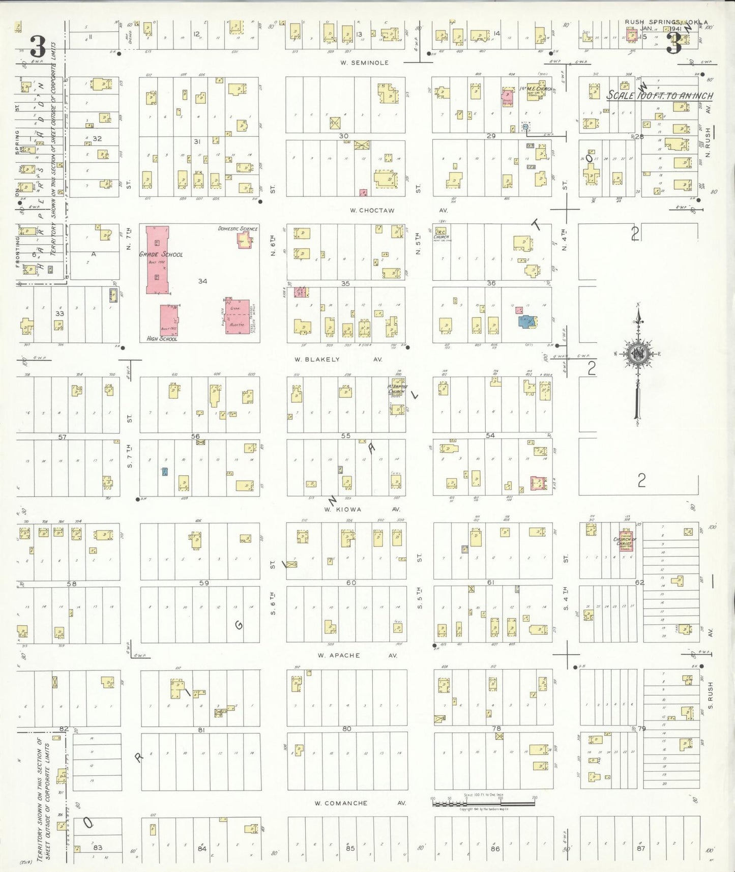 Sanborn Fire Insurance Map from Rush Springs, Grady County, Oklahoma (1941), Sheet #0003 - Complete Map Set gallery image, historic Sanborn map, vintage wall art, Oklahoma Oklahoma