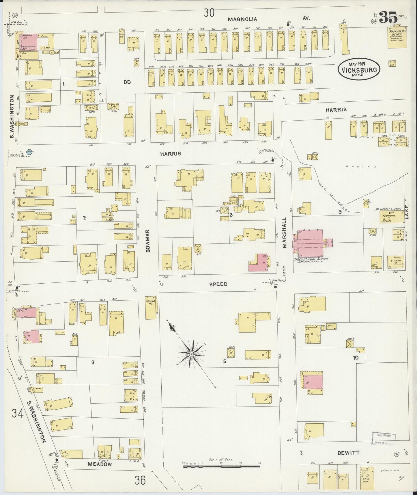 Sanborn Fire Insurance Map from Vicksburg, Warren County, Mississippi (1907), Sheet #0035 - Historic Sanborn Fire Insurance Map Print, vintage old map wall art, antique decor, genealogy gift, Mississippi Mississippi map