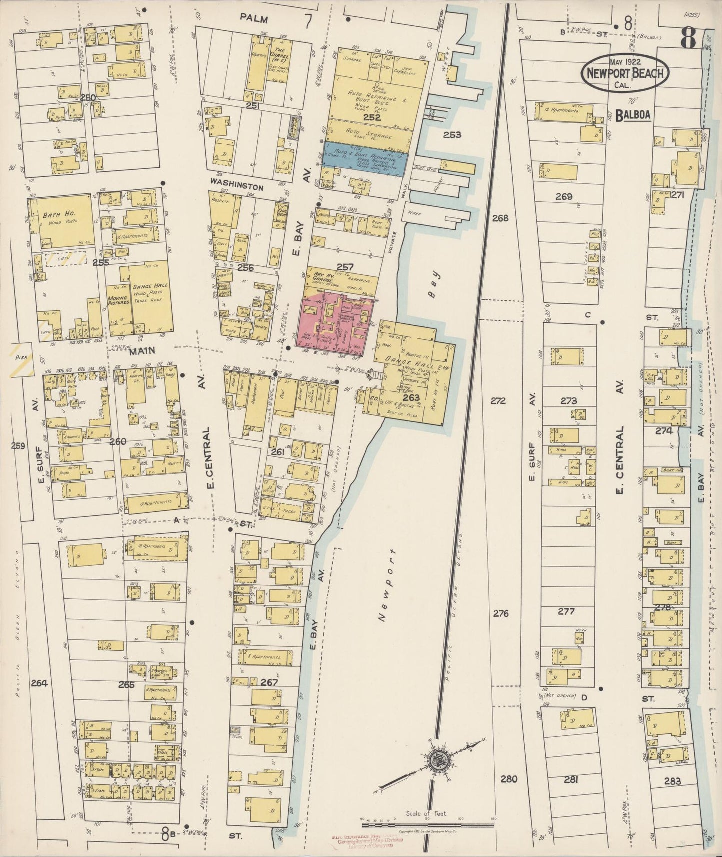 Sanborn Fire Insurance Map from Newport Beach, Orange County, California (1922), Sheet #0008 - Historic Sanborn Fire Insurance Map Print, vintage old map wall art, antique decor, genealogy gift, California California map
