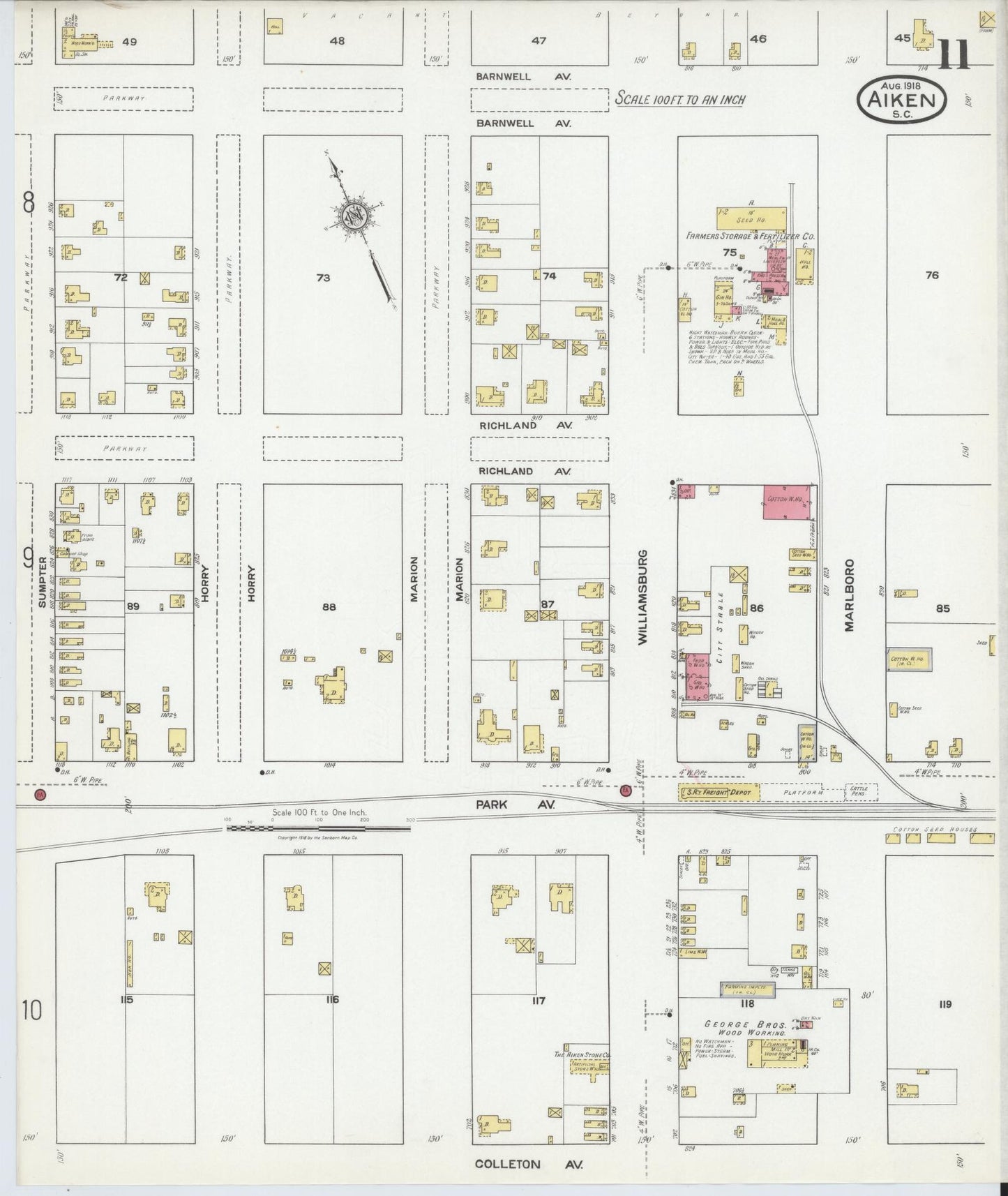 Sanborn Fire Insurance Map from Aiken, Aiken County, South Carolina (1918), Sheet #0011 - Historic Sanborn Fire Insurance Map Print, vintage old map wall art, antique decor, genealogy gift, South Carolina South Carolina map