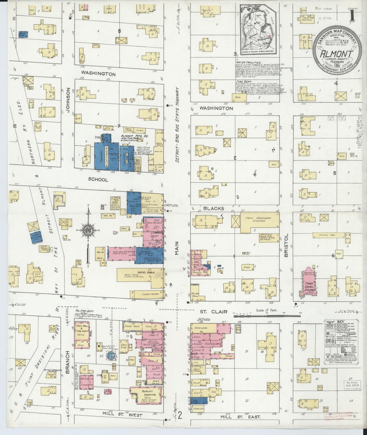 Sanborn Fire Insurance Map from Almont, Lapeer County, Michigan (1921), Sheet #0001 - Historic Sanborn Fire Insurance Map Print, vintage old map wall art, antique decor, genealogy gift, Michigan Michigan map