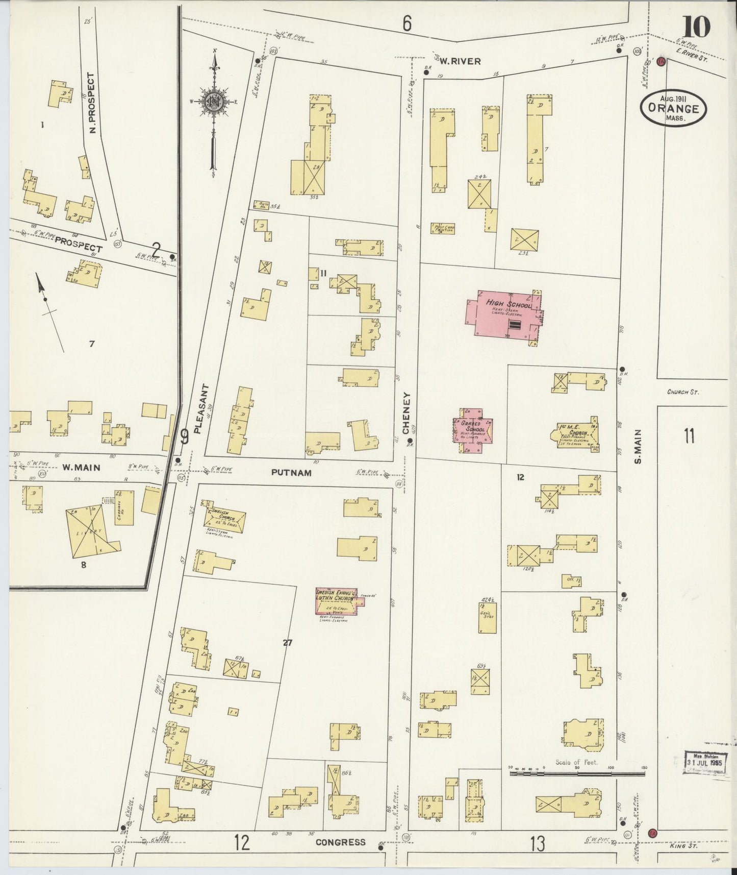 Sanborn Fire Insurance Map from Orange, Franklin County, Massachusetts (1911), Sheet #0010 - Historic Sanborn Fire Insurance Map Print, vintage old map wall art, antique decor, genealogy gift, Massachusetts Massachusetts map