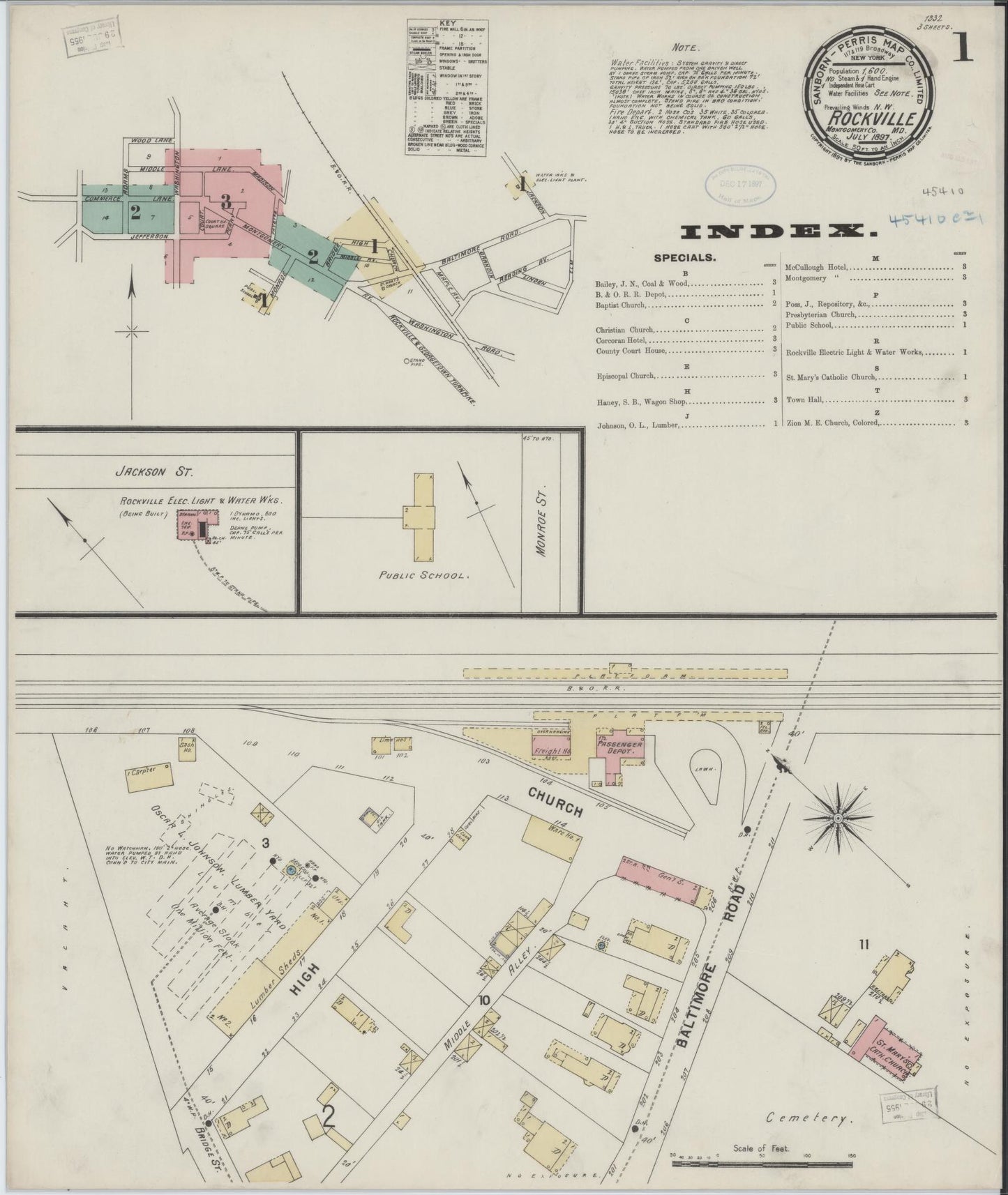 Complete Set - Montgomery, Maryland - 1897 - Sanborn Fire Insurance Map (All Sheets) - Complete Set of 3 Sanborn map sheets