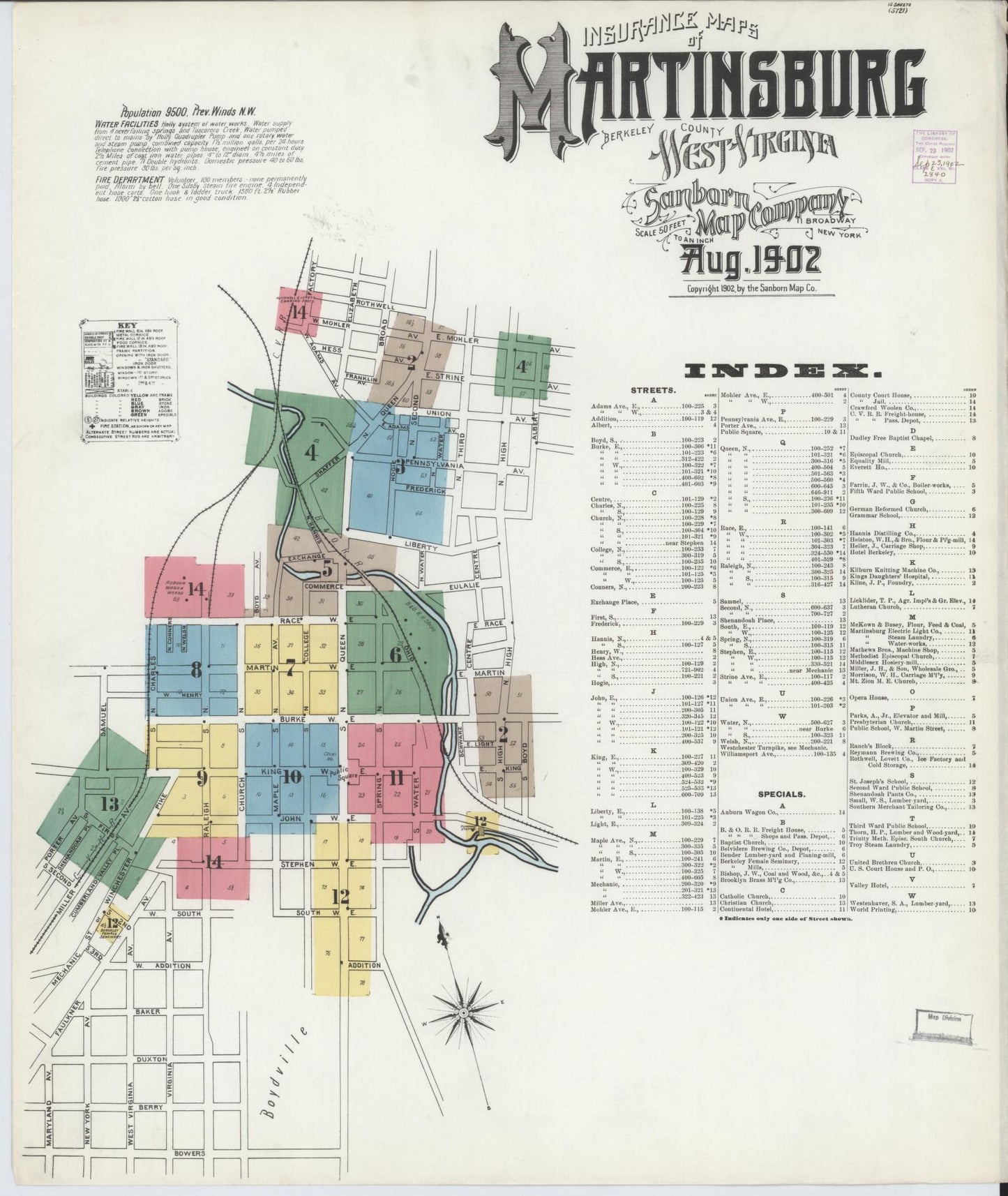 Sanborn Fire Insurance Map from Martinsburg, Berkeley County, West Virginia (1902), Sheet #0001 - Historic Sanborn Fire Insurance Map Print, vintage old map wall art, antique decor, genealogy gift, West Virginia West Virginia map