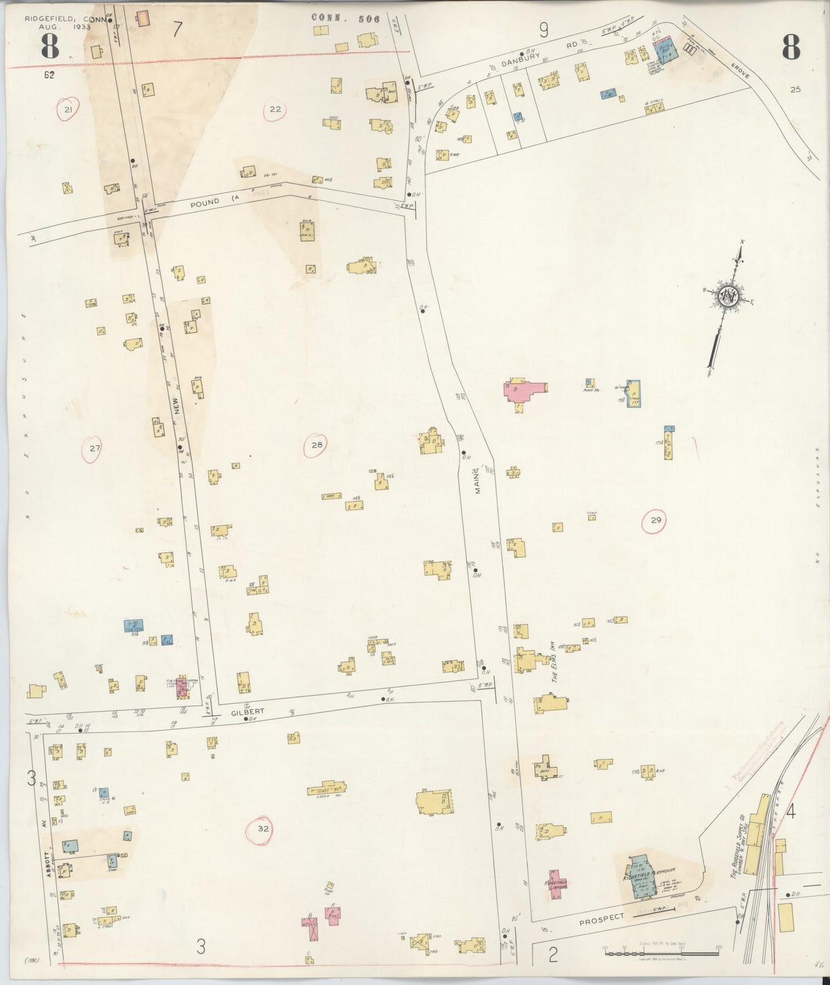 Sanborn Fire Insurance Map from Ridgefield, Fairfield County, Connecticut (1940), Sheet #0008 - Historic Sanborn Fire Insurance Map Print, vintage old map wall art, antique decor, genealogy gift, Connecticut Connecticut map
