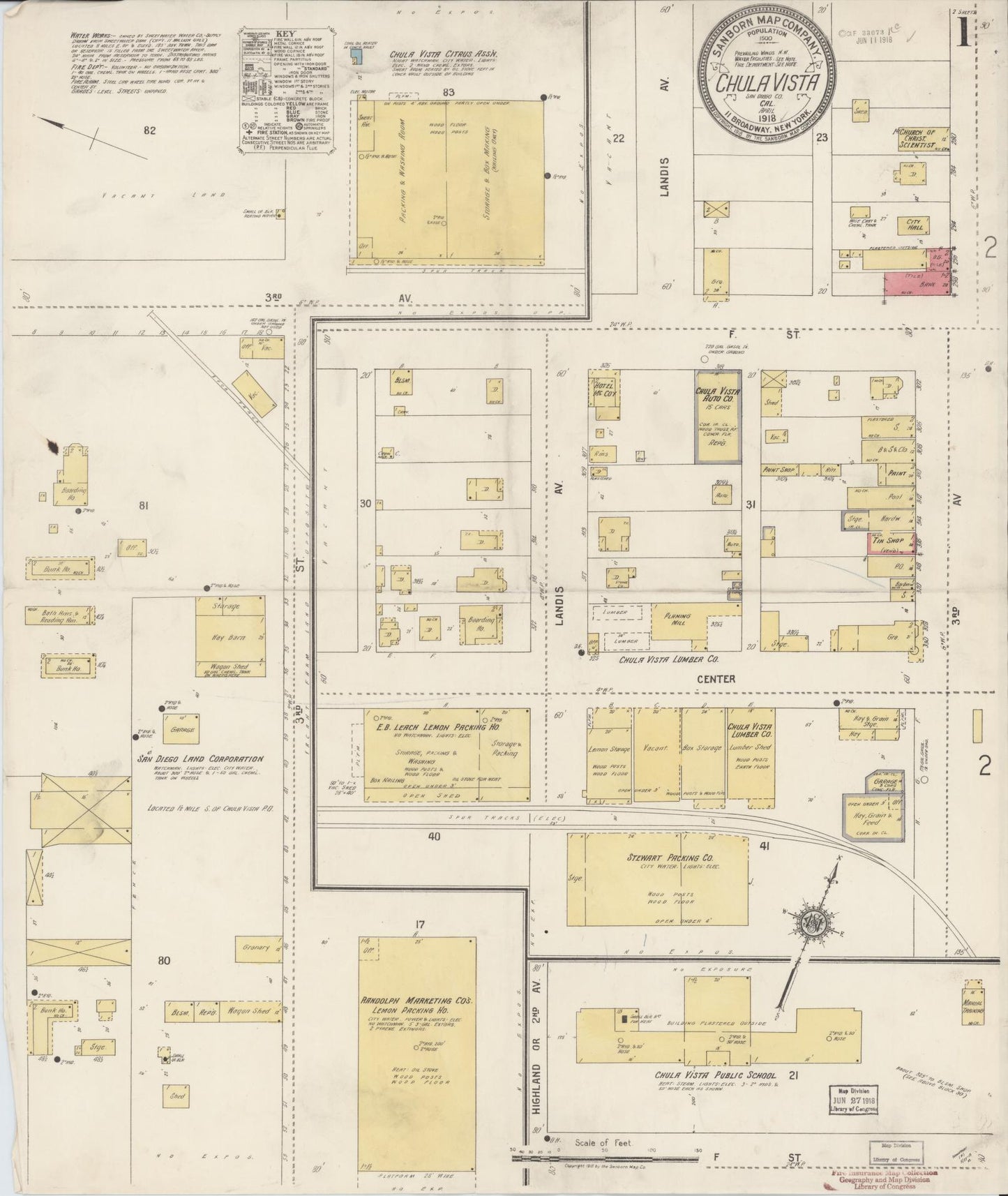 Sanborn Fire Insurance Map from Chula Vista, San Diego County, California (1918), Sheet #0001 - Historic Sanborn Fire Insurance Map Print, vintage old map wall art, antique decor, genealogy gift, California California map