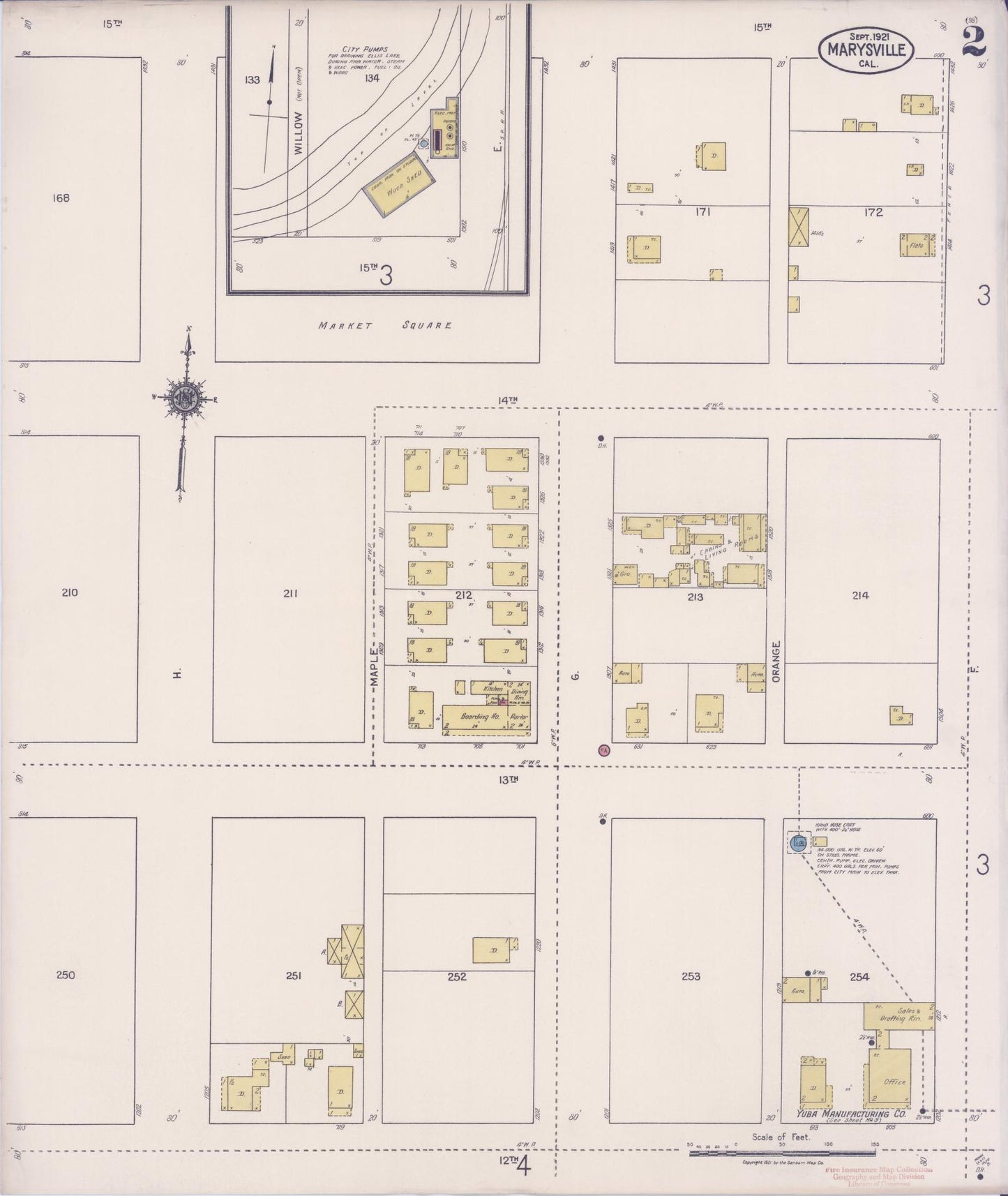 Sanborn Fire Insurance Map from Marysville, Yuba County, California (1921), Sheet #0002 - Historic Sanborn Fire Insurance Map Print, vintage old map wall art, antique decor, genealogy gift, California California map