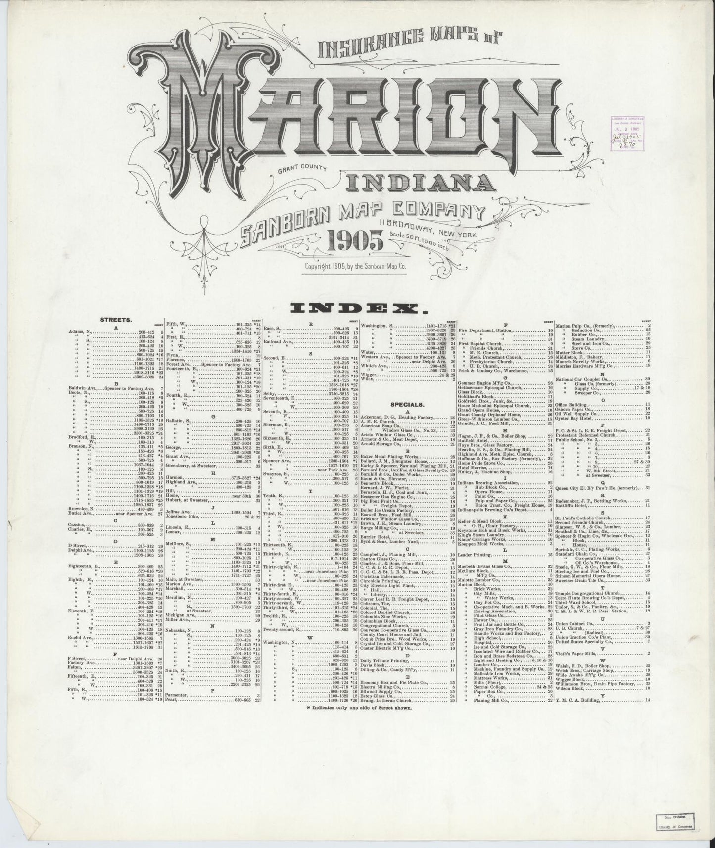 Sanborn Fire Insurance Map from Marion, Grant County, Indiana (1905), Sheet #0001 - Historic Sanborn Fire Insurance Map Print, vintage old map wall art, antique decor, genealogy gift, Indiana Indiana map