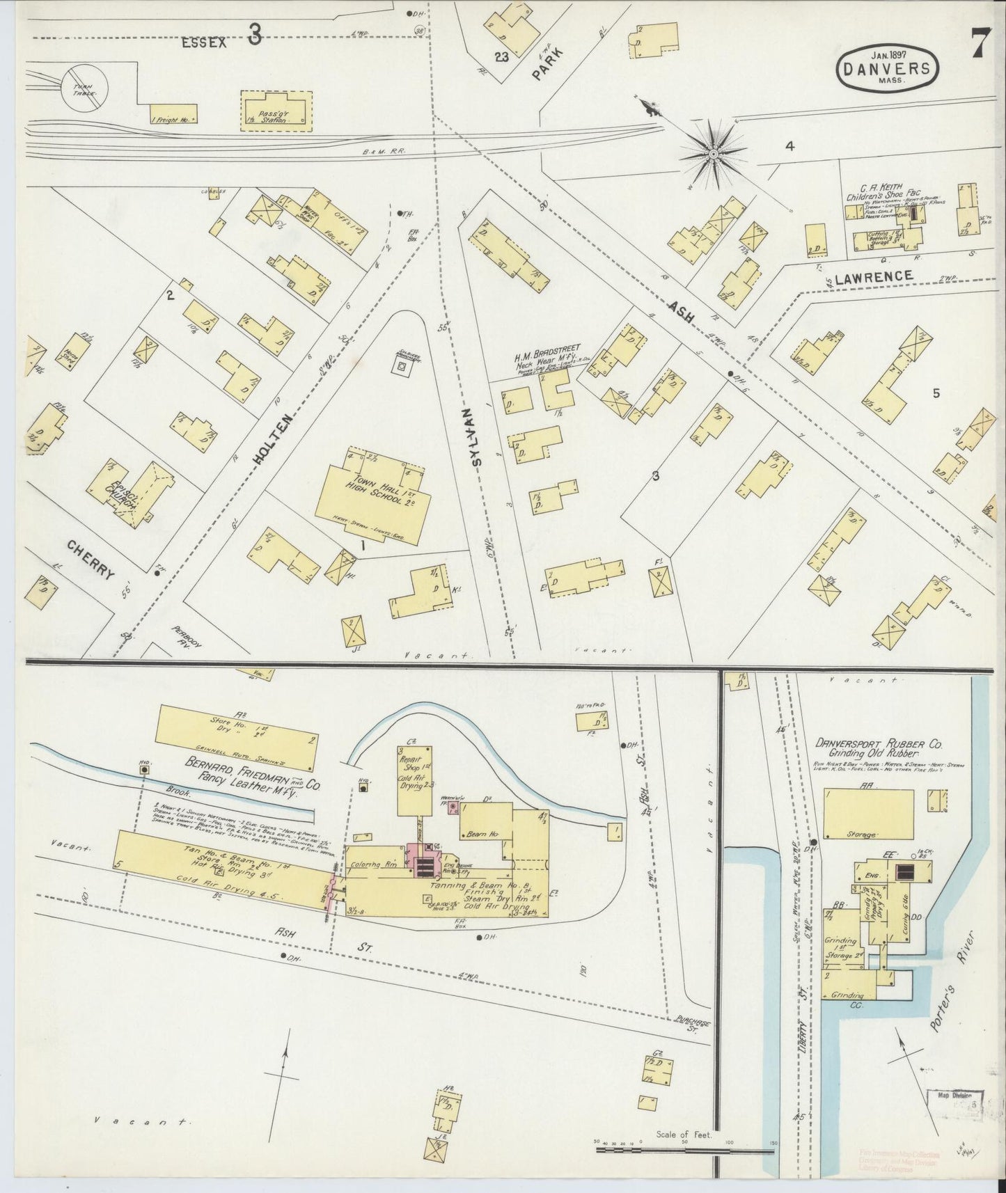 Sanborn Fire Insurance Map from Danvers, Essex County, Massachusetts (1897), Sheet #0007 - Historic Sanborn Fire Insurance Map Print, vintage old map wall art, antique decor, genealogy gift, Massachusetts Massachusetts map