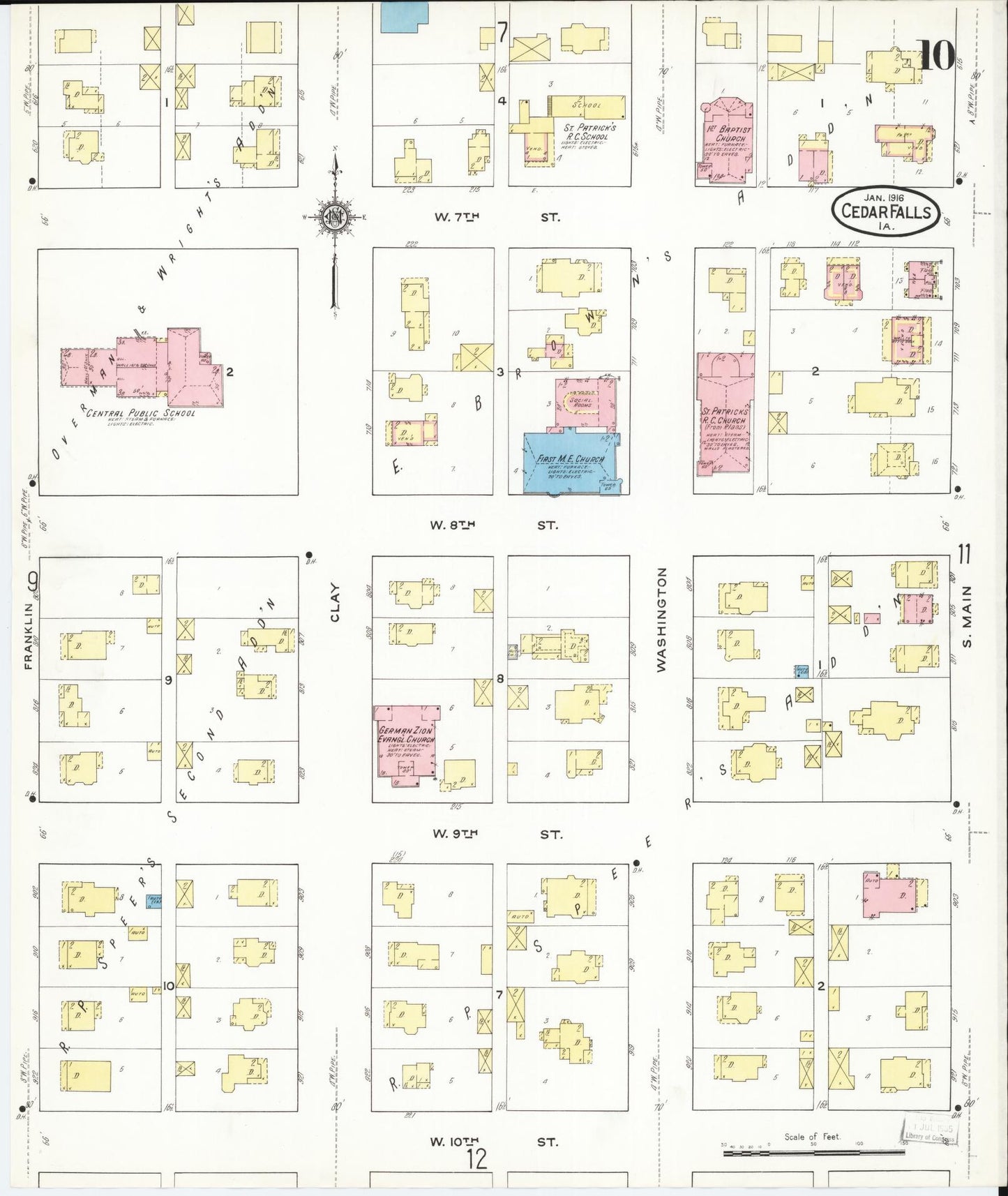 Sanborn Fire Insurance Map from Cedar Falls, Black Hawk County, Iowa (1916), Sheet #0010 - Historic Sanborn Fire Insurance Map Print, vintage old map wall art