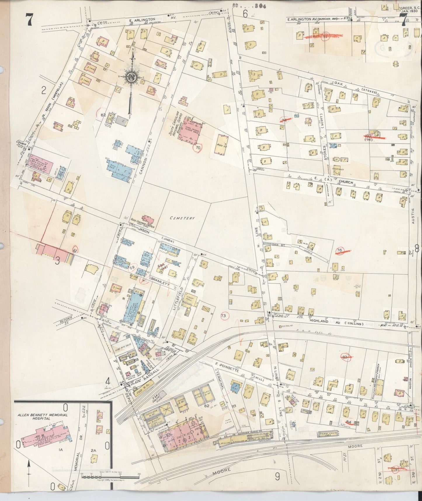 Sanborn Fire Insurance Map from Greer, Greenville and Spartanburg Counties, South Carolina (1951), Sheet #0007 - Historic Sanborn Fire Insurance Map Print, vintage old map wall art, antique decor, genealogy gift, South Carolina South Carolina map