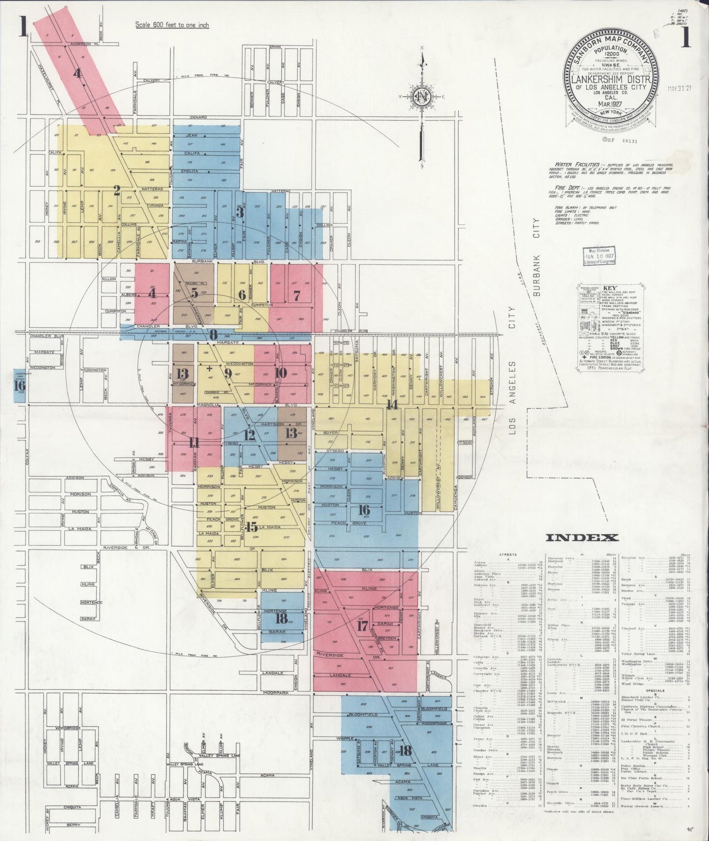 Sanborn Fire Insurance Map from Lankershim, Los Angeles County, California (1927), Sheet #0001 - Historic Sanborn Fire Insurance Map Print, vintage old map wall art, antique decor, genealogy gift, California California map