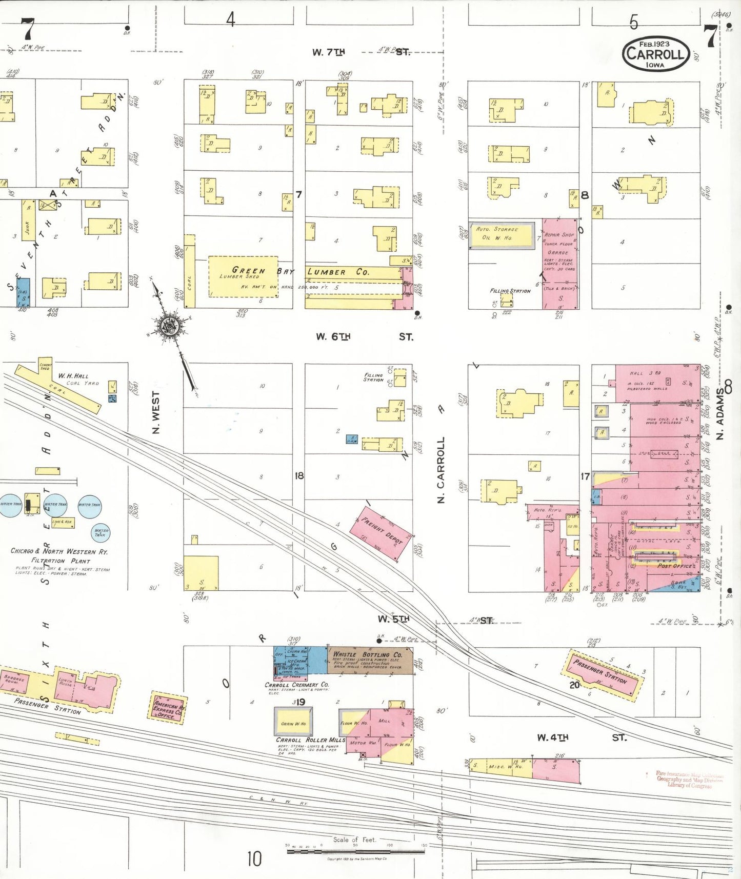 Sanborn Fire Insurance Map from Carroll, Carroll County, Iowa (1923), Sheet #0007 - Historic Sanborn Fire Insurance Map Print, vintage old map wall art