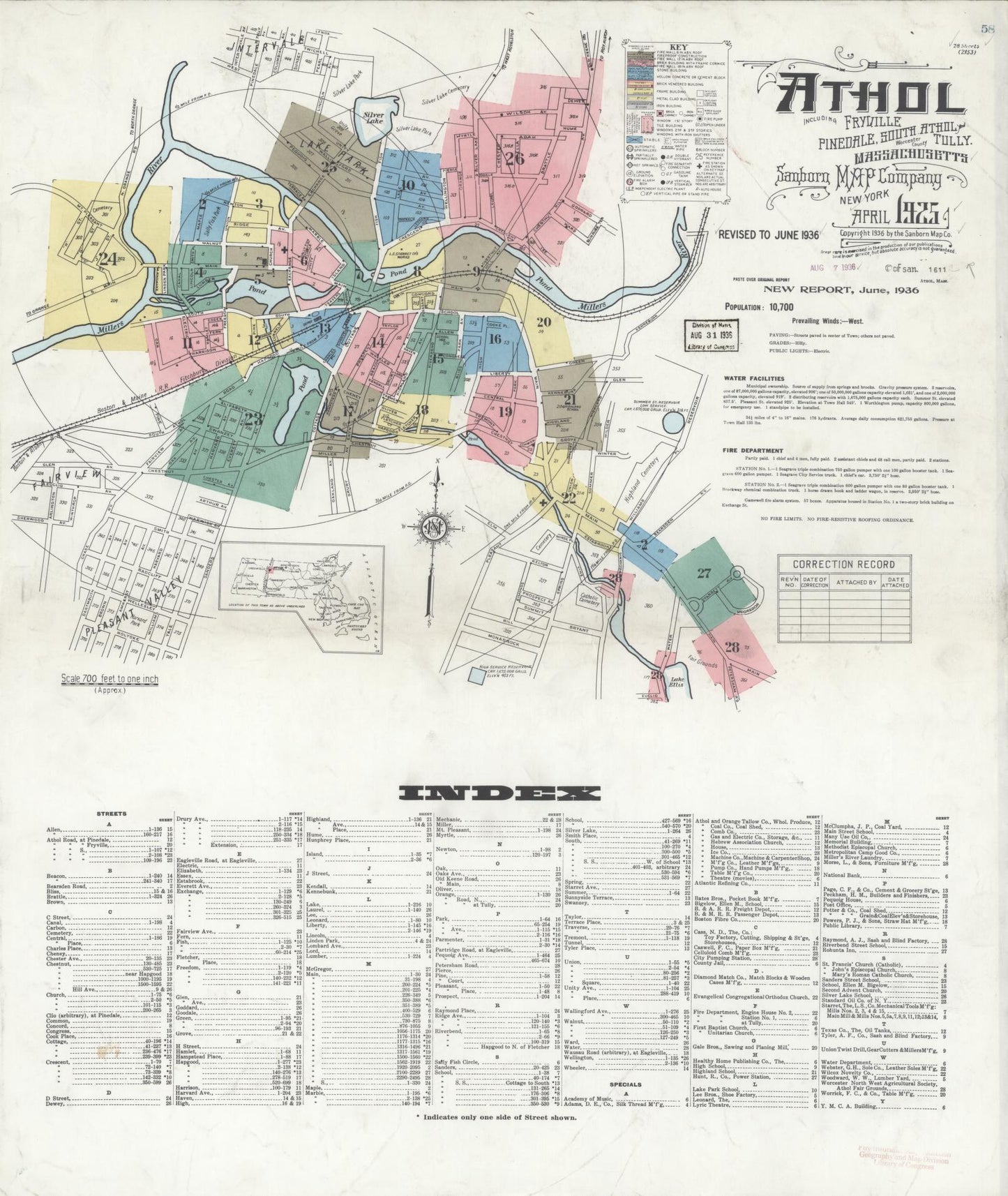 Sanborn Fire Insurance Map from Athol, Worcester County, Massachusetts (1936), Sheet #0001 - Historic Sanborn Fire Insurance Map Print, vintage old map wall art, antique decor, genealogy gift, Massachusetts Massachusetts map