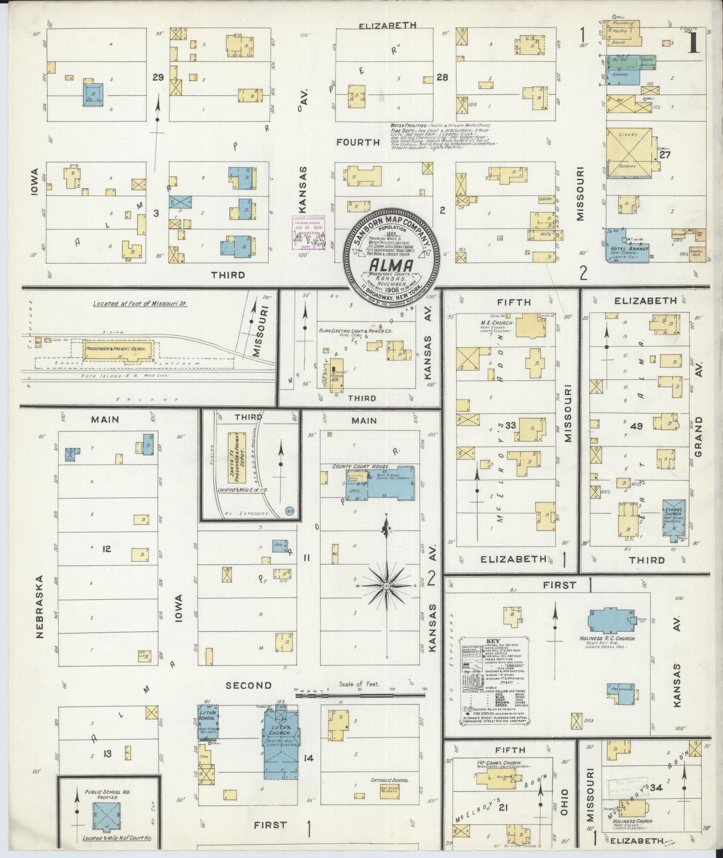 Sanborn Fire Insurance Map from Alma, Wabaunsee County, Kansas (1908), Sheet #0001 - Historic Sanborn Fire Insurance Map Print, vintage old map wall art, antique decor, genealogy gift, Kansas Kansas map