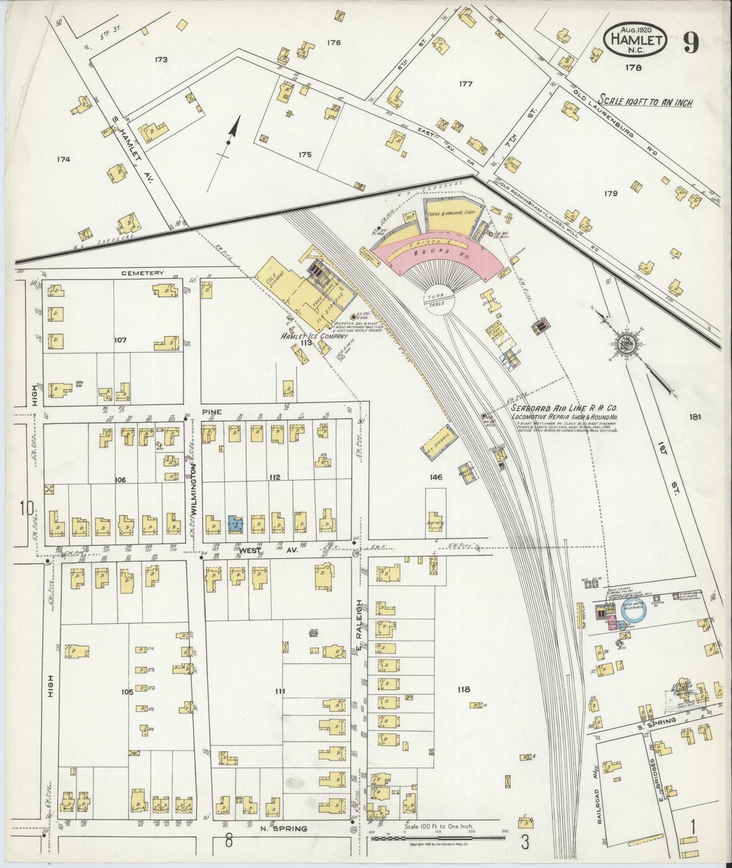 Sanborn Fire Insurance Map from Hamlet, Richmond County, North Carolina (1920), Sheet #0009 - Historic Sanborn Fire Insurance Map Print, vintage old map wall art, antique decor, genealogy gift, North Carolina North Carolina map