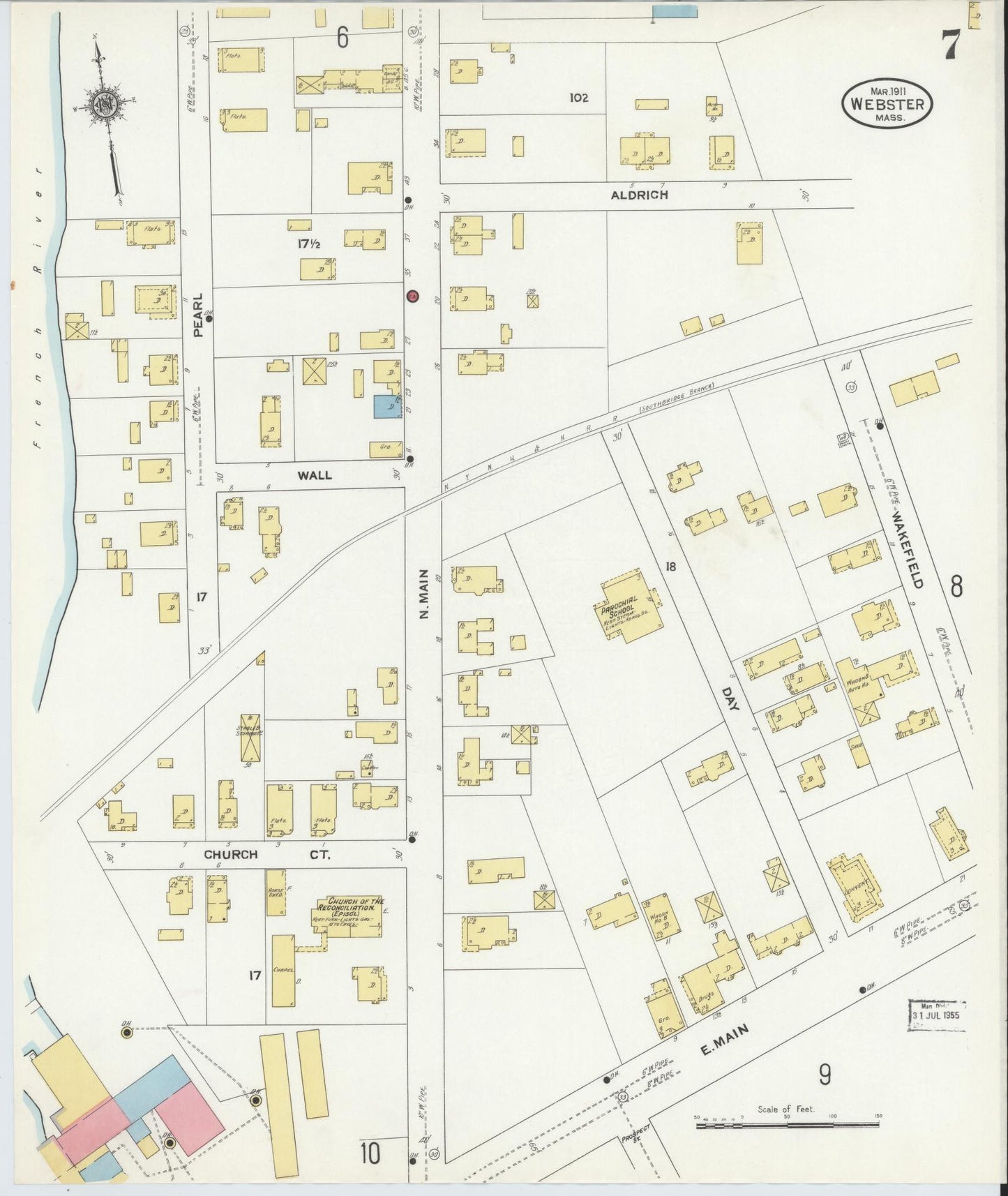 Sanborn Fire Insurance Map from Webster, Worcester County, Massachusetts (1911), Sheet #0007 - Historic Sanborn Fire Insurance Map Print, vintage old map wall art, antique decor, genealogy gift, Massachusetts Massachusetts map