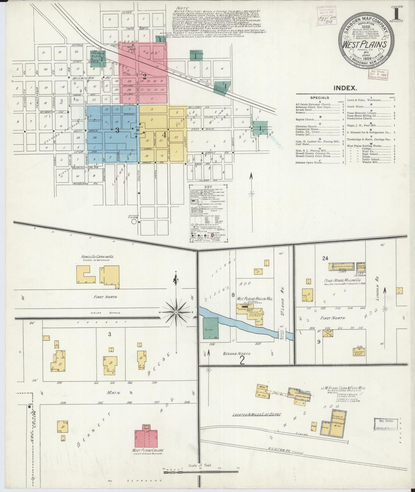 Sanborn Fire Insurance Map from West Plains, Howell County, Missouri (1906), Sheet #0001 - Historic Sanborn Fire Insurance Map Print, vintage old map wall art, antique decor, genealogy gift, Missouri Missouri map