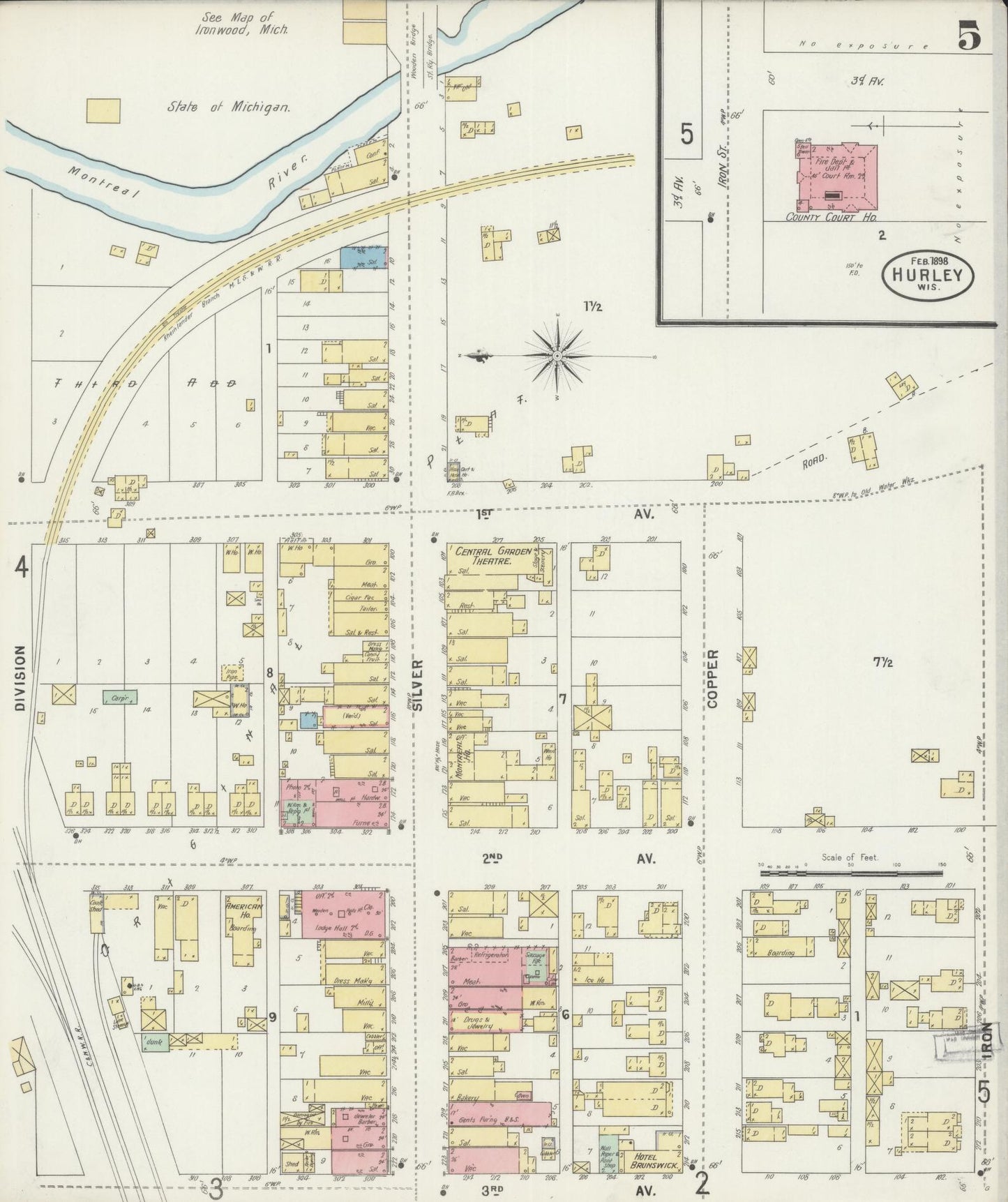 Sanborn Fire Insurance Map from Hurley, Iron County, Wisconsin (1898), Sheet #0005 - Historic Sanborn Fire Insurance Map Print, vintage old map wall art, antique decor, genealogy gift, Wisconsin Wisconsin map