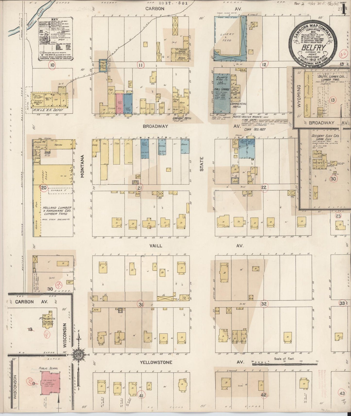 Sanborn Fire Insurance Map from Belfry, Carbon County, Montana (1927), Sheet #0001 - Historic Sanborn Fire Insurance Map Print, vintage old map wall art, antique decor, genealogy gift, Montana Montana map