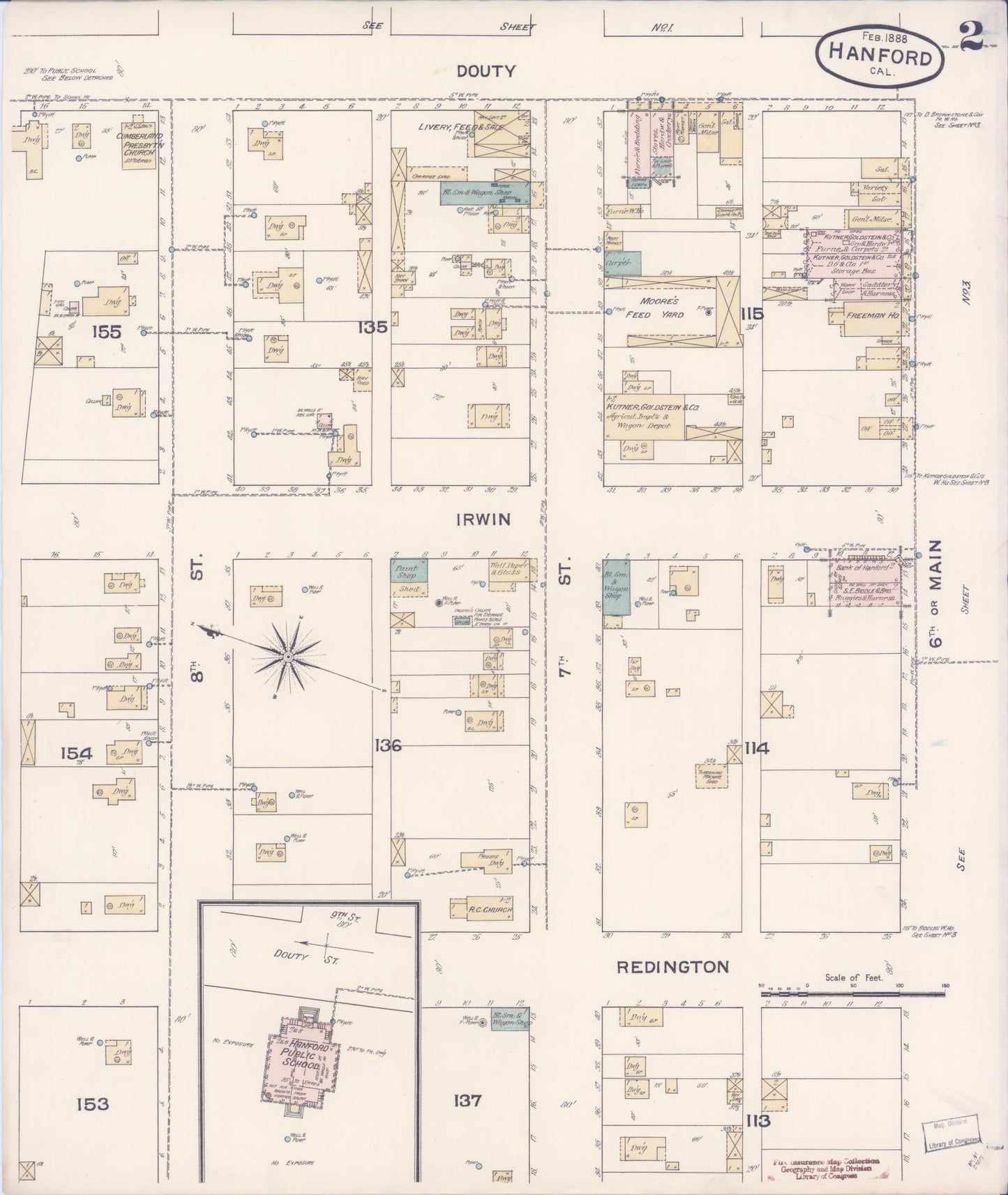Sanborn Fire Insurance Map from Hanford, Kings County, California (1888), Sheet #0002 - Historic Sanborn Fire Insurance Map Print, vintage old map wall art, antique decor, genealogy gift, California California map