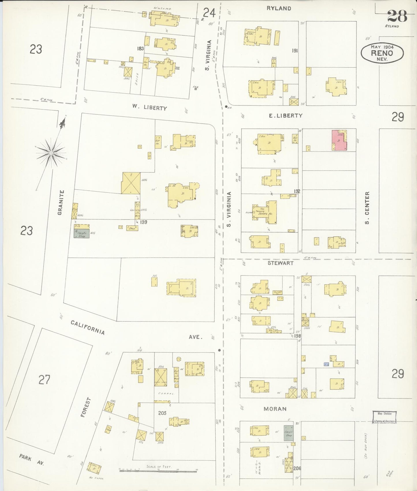 Sanborn Fire Insurance Map from Reno, Washoe County, Nevada (1904), Sheet #0028 - Historic Sanborn Fire Insurance Map Print, vintage old map wall art, antique decor, genealogy gift, Nevada Nevada map