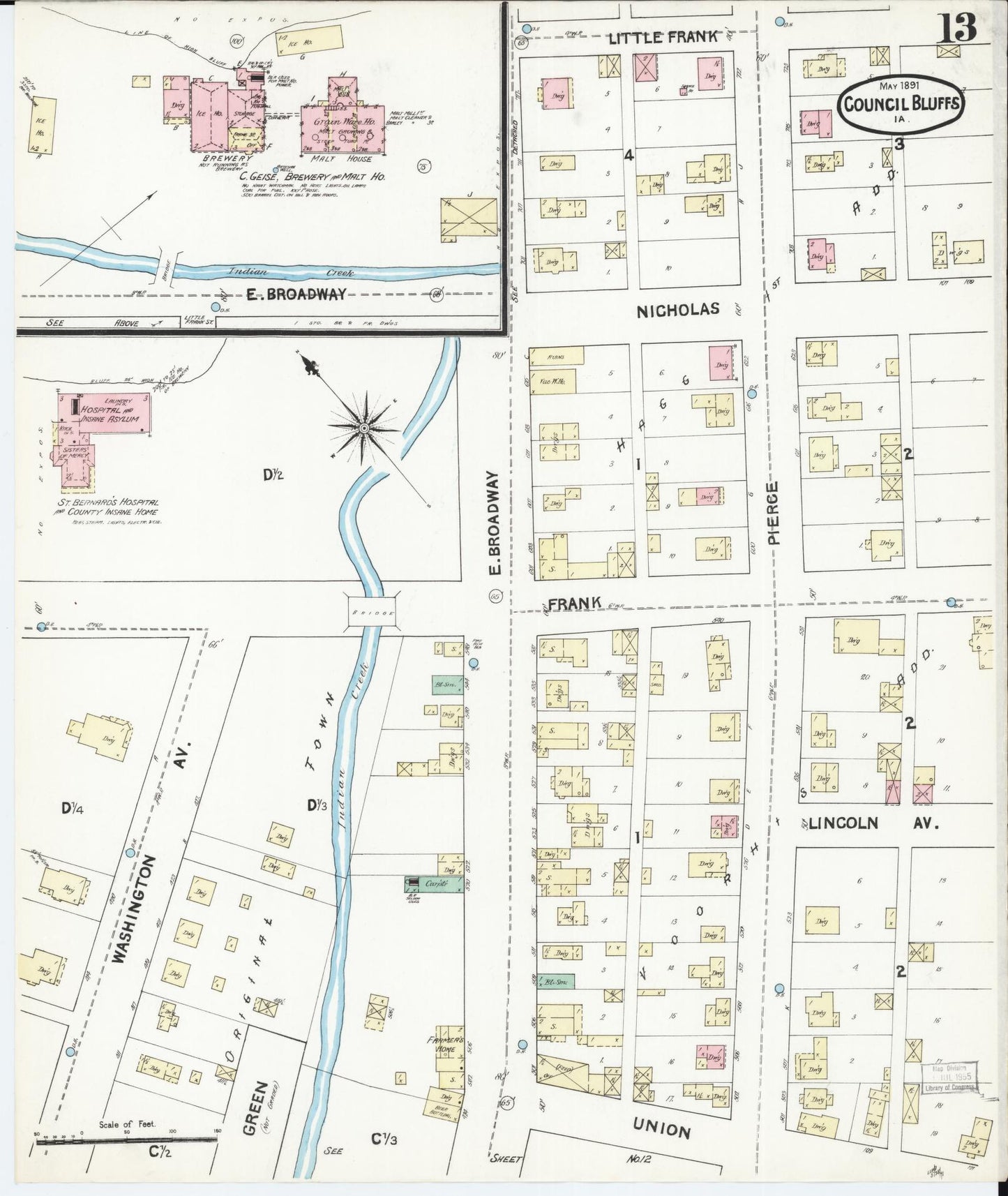 Sanborn Fire Insurance Map from Council Bluffs, Pottawattamie County, Iowa (1891), Sheet #0013 - Historic Sanborn Fire Insurance Map Print, vintage old map wall art