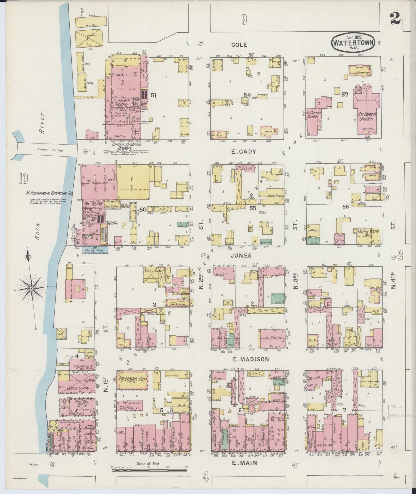 Sanborn Fire Insurance Map from Watertown, Jefferson County, Wisconsin (1895), Sheet #0002 - Historic Sanborn Fire Insurance Map Print, vintage old map wall art, antique decor, genealogy gift, Wisconsin Wisconsin map