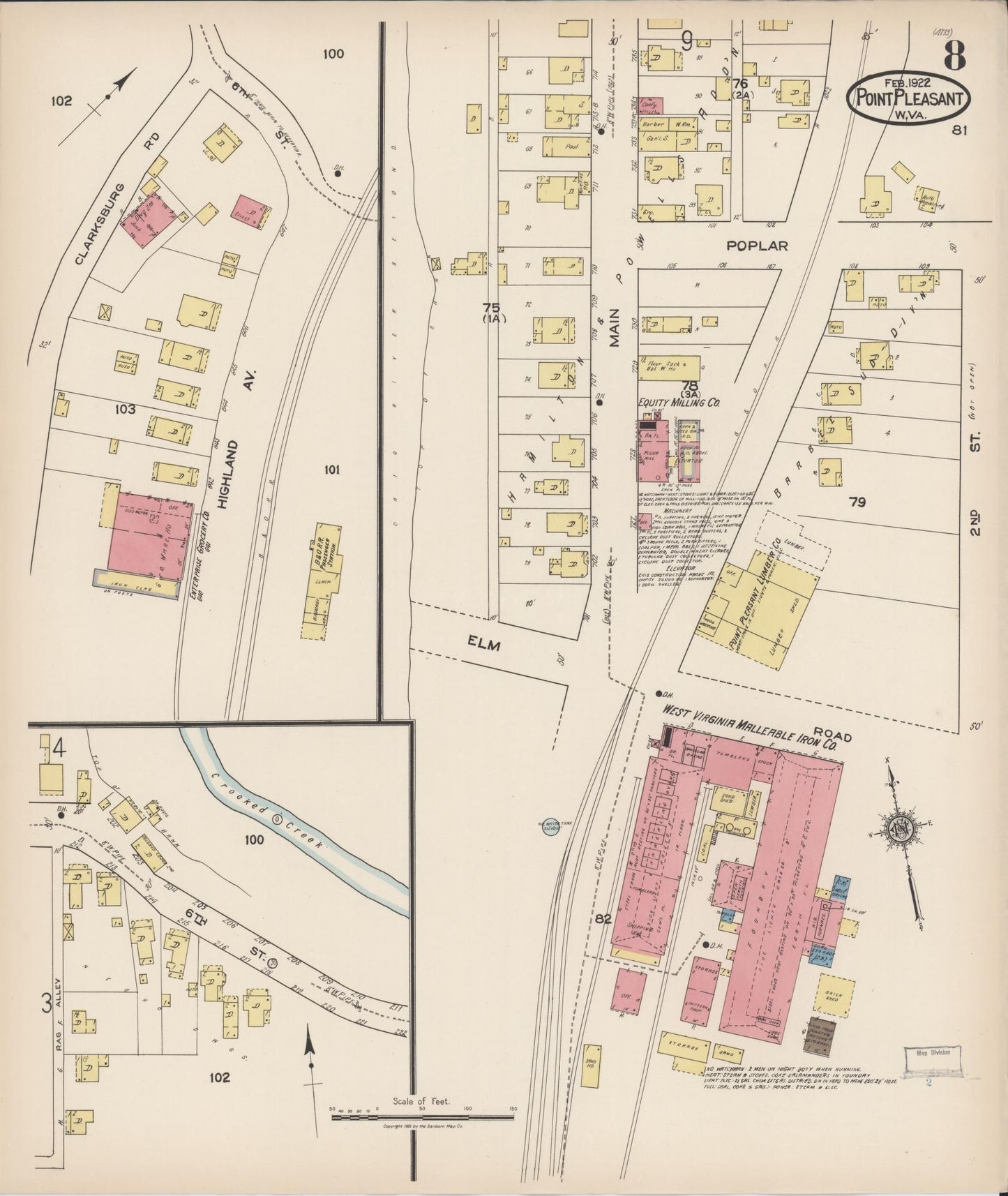 Sanborn Fire Insurance Map from Point Pleasant, Mason County, West Virginia (1922), Sheet #0008 - Historic Sanborn Fire Insurance Map Print, vintage old map wall art, antique decor, genealogy gift, West Virginia West Virginia map