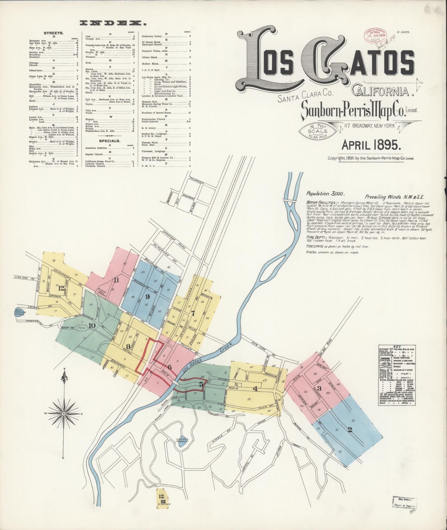Sanborn Fire Insurance Map from Los Gatos, Santa Clara County, California (1895), Sheet #0001 - Historic Sanborn Fire Insurance Map Print, vintage old map wall art, antique decor, genealogy gift, California California map