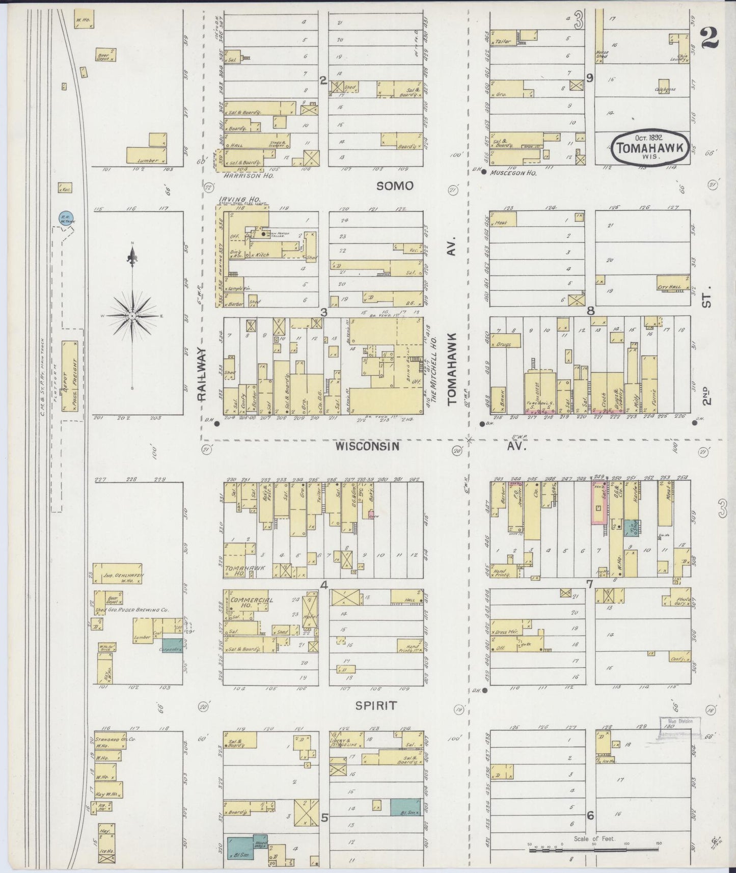 Sanborn Fire Insurance Map from Tomahawk, Lincoln County, Wisconsin (1892), Sheet #0002 - Historic Sanborn Fire Insurance Map Print, vintage old map wall art, antique decor, genealogy gift, Wisconsin Wisconsin map