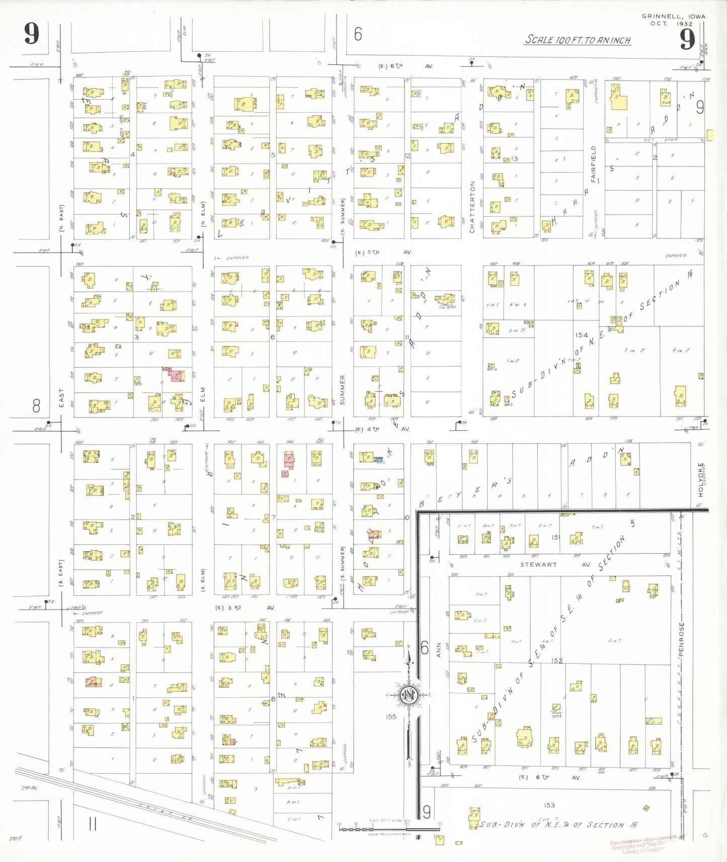 Sanborn Fire Insurance Map from Grinnell, Poweshiek County, Iowa (1932), Sheet #0009 - Historic Sanborn Fire Insurance Map Print, vintage old map wall art