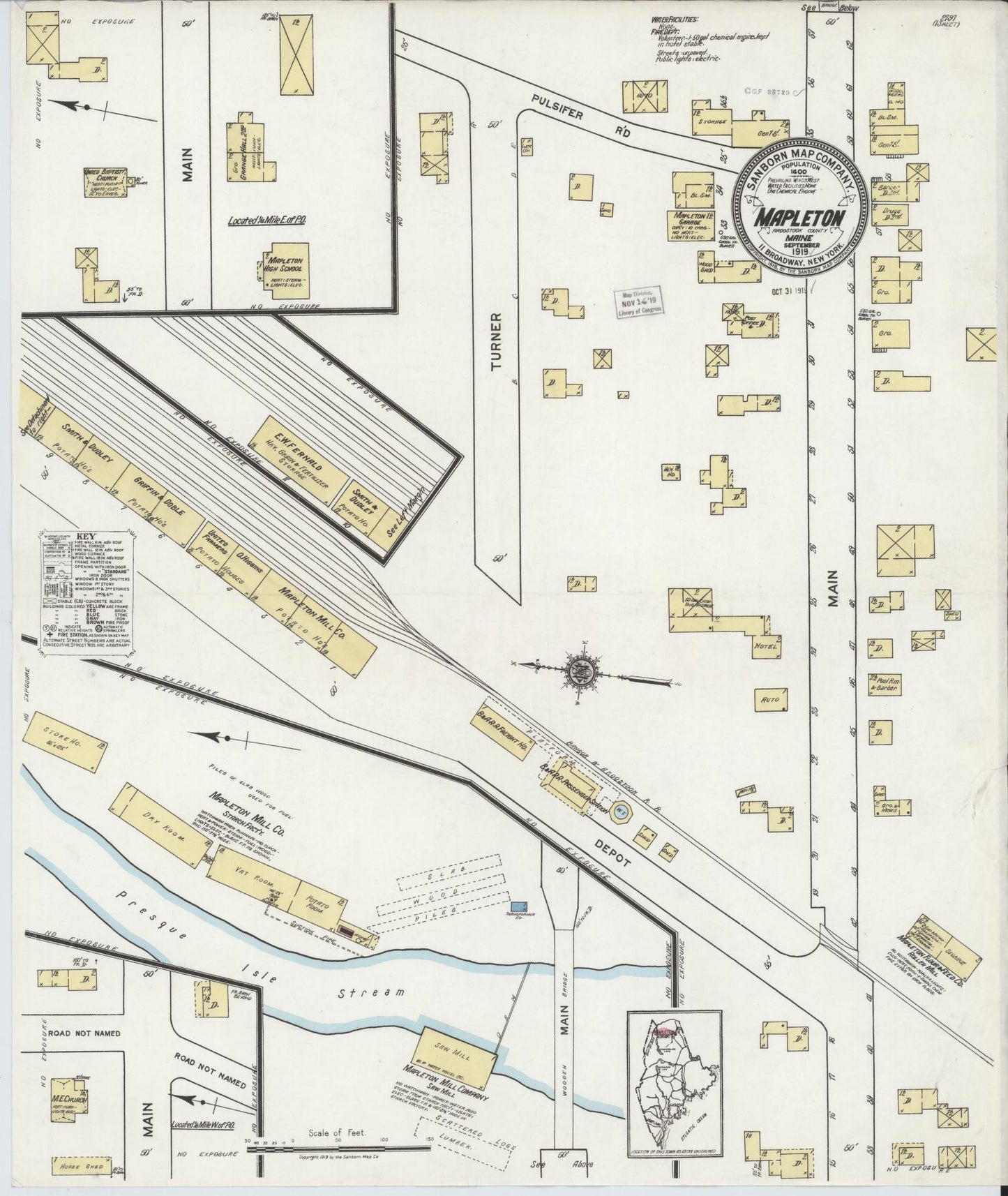 Sanborn Fire Insurance Map from Mapleton, Aroostook County, Maine (1919), Sheet #0001 - Historic Sanborn Fire Insurance Map Print, vintage old map wall art, antique decor, genealogy gift, Maine Maine map
