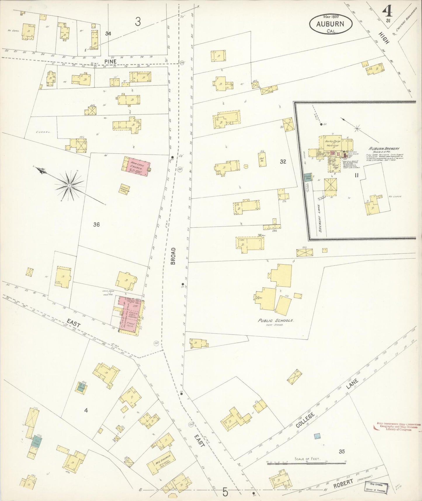 Sanborn Fire Insurance Map from Auburn, Placer County, California (1899), Sheet #0004 - Historic Sanborn Fire Insurance Map Print, vintage old map wall art, antique decor, genealogy gift, California California map