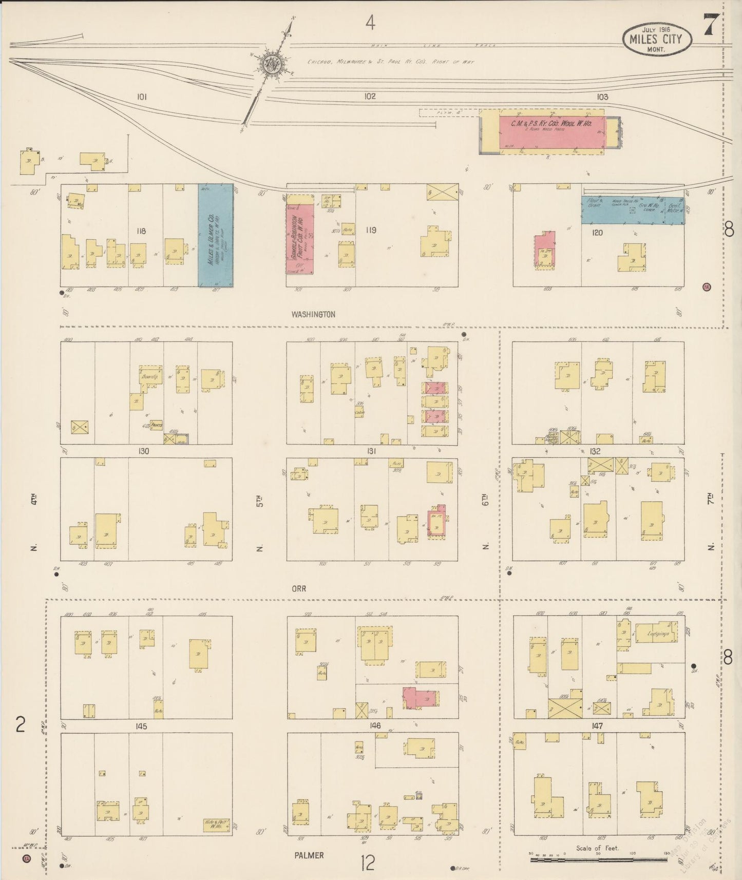 Sanborn Fire Insurance Map from Miles City, Custer County, Montana (1916), Sheet #0007 - Historic Sanborn Fire Insurance Map Print, vintage old map wall art, antique decor, genealogy gift, Montana Montana map