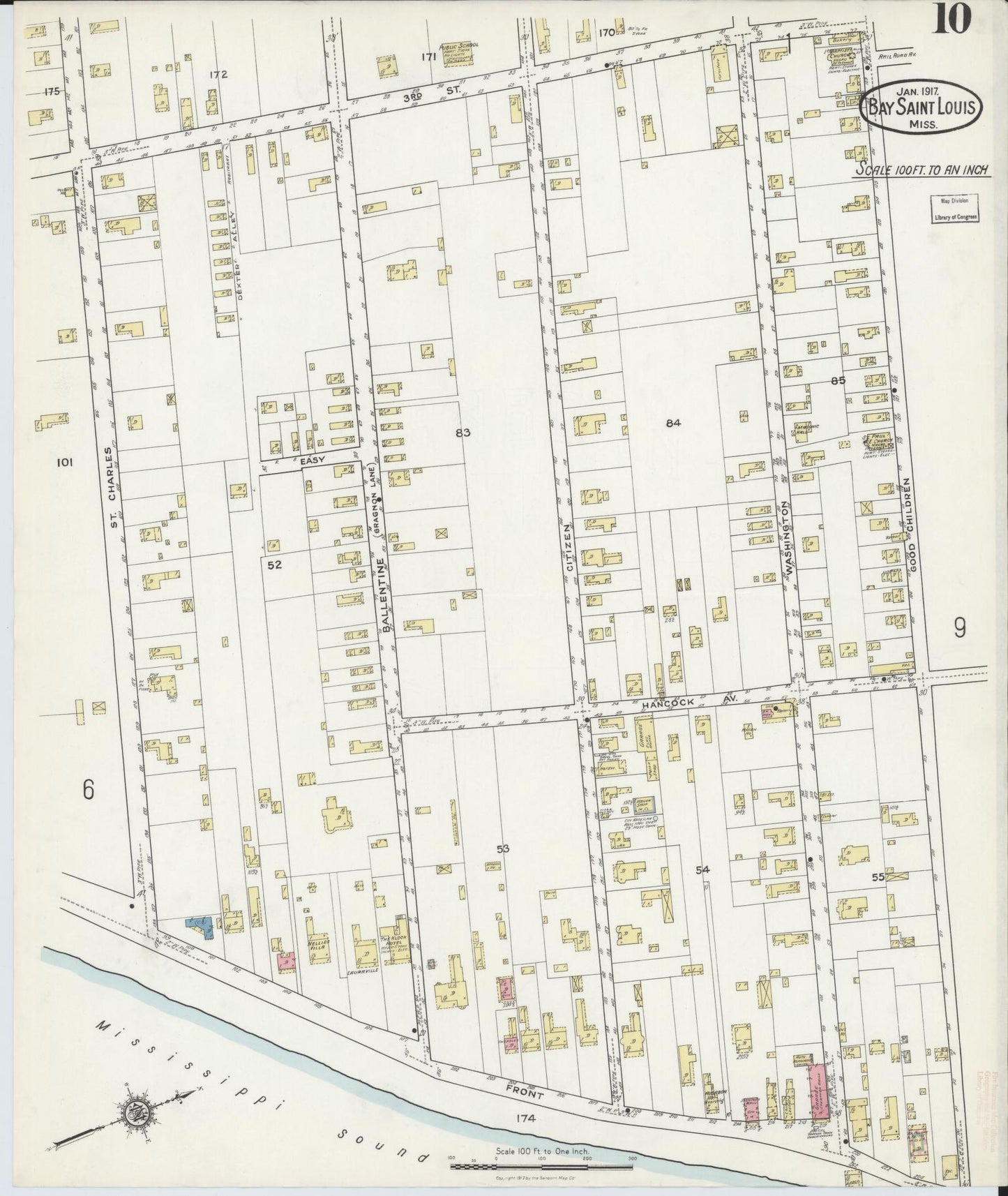 Sanborn Fire Insurance Map from Bay Saint Louis, Hancock County, Mississippi (1917), Sheet #0010 - Historic Sanborn Fire Insurance Map Print, vintage old map wall art, antique decor, genealogy gift, Mississippi Mississippi map