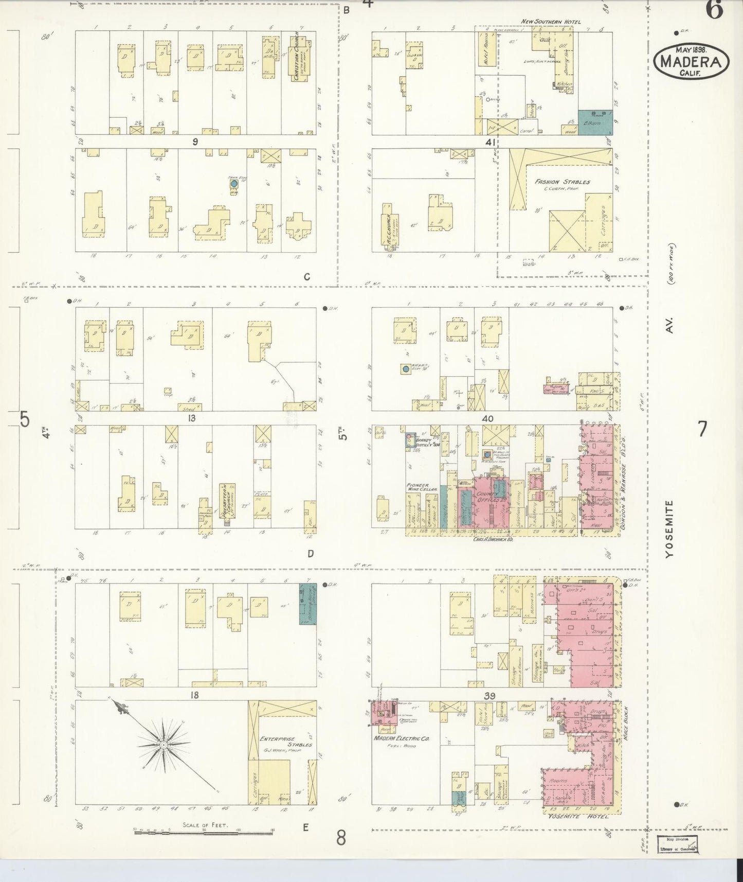 Sanborn Fire Insurance Map from Madera, Madera County, California (1898), Sheet #0006 - Historic Sanborn Fire Insurance Map Print, vintage old map wall art, antique decor, genealogy gift, California California map