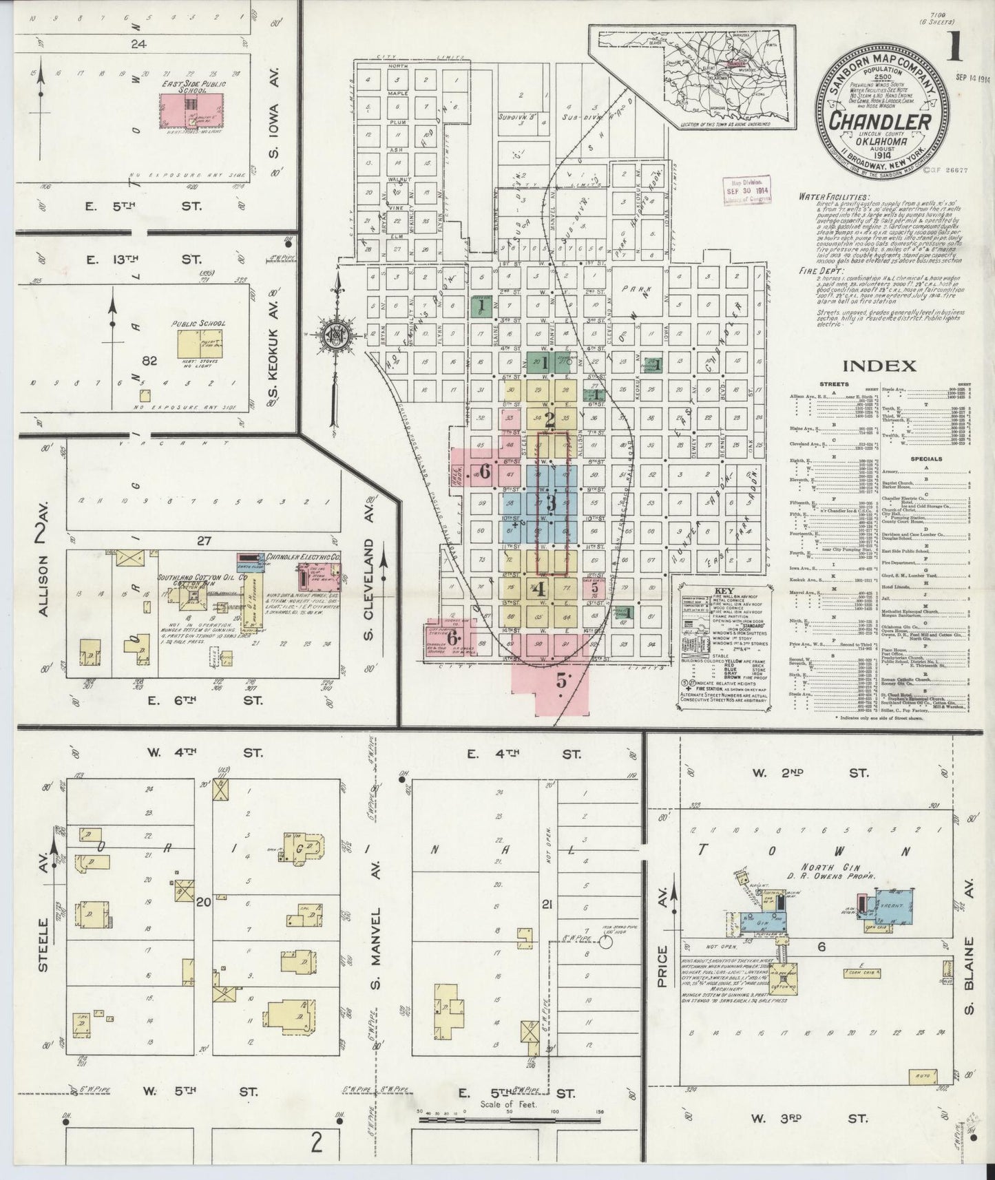 Sanborn Fire Insurance Map from Chandler, Lincoln County, Oklahoma (1914), Sheet #0001 - Historic Sanborn Fire Insurance Map Print, vintage old map wall art, antique decor, genealogy gift, Oklahoma Oklahoma map