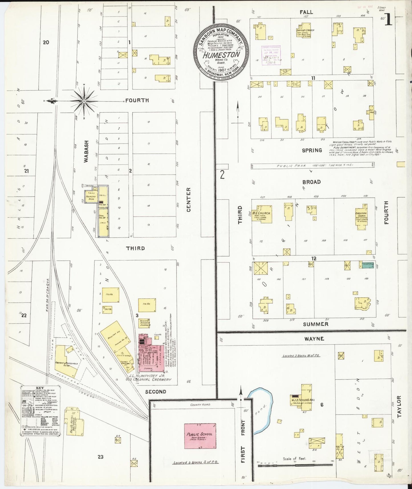 Sanborn Fire Insurance Map from Humeston, Wayne County, Iowa (1907), Sheet #0001 - Historic Sanborn Fire Insurance Map Print, vintage old map wall art