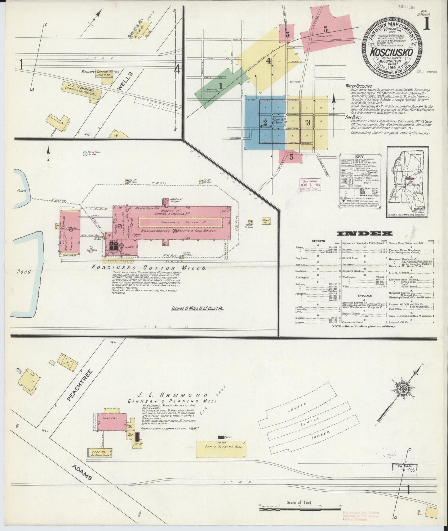 Sanborn Fire Insurance Map from Kosciusko, Attala County, Mississippi (1914), Sheet #0001 - Historic Sanborn Fire Insurance Map Print, vintage old map wall art, antique decor, genealogy gift, Mississippi Mississippi map