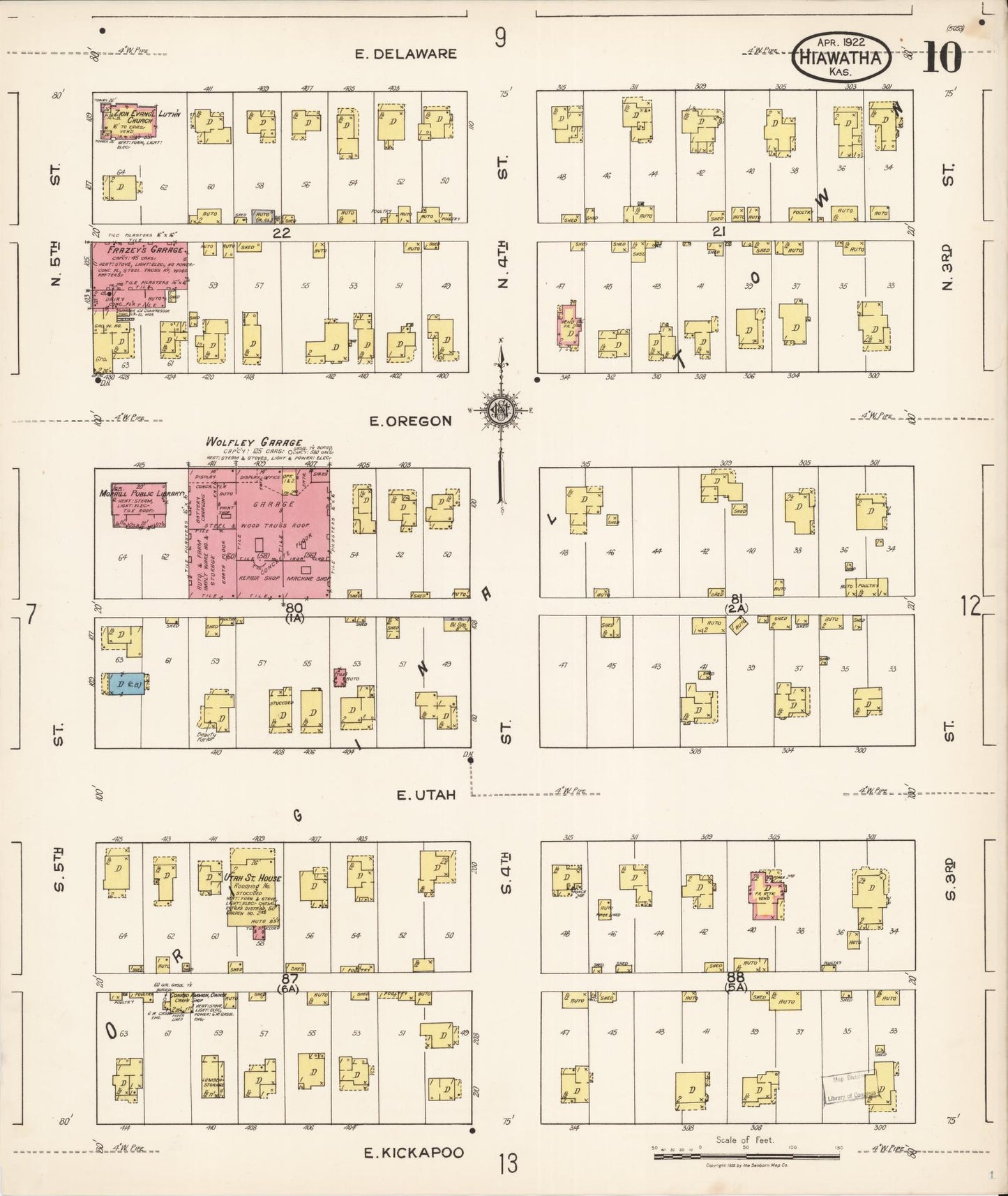 Sanborn Fire Insurance Map from Hiawatha, Brown County, Kansas (1922), Sheet #0010 - Historic Sanborn Fire Insurance Map Print, vintage old map wall art, antique decor, genealogy gift, Kansas Kansas map