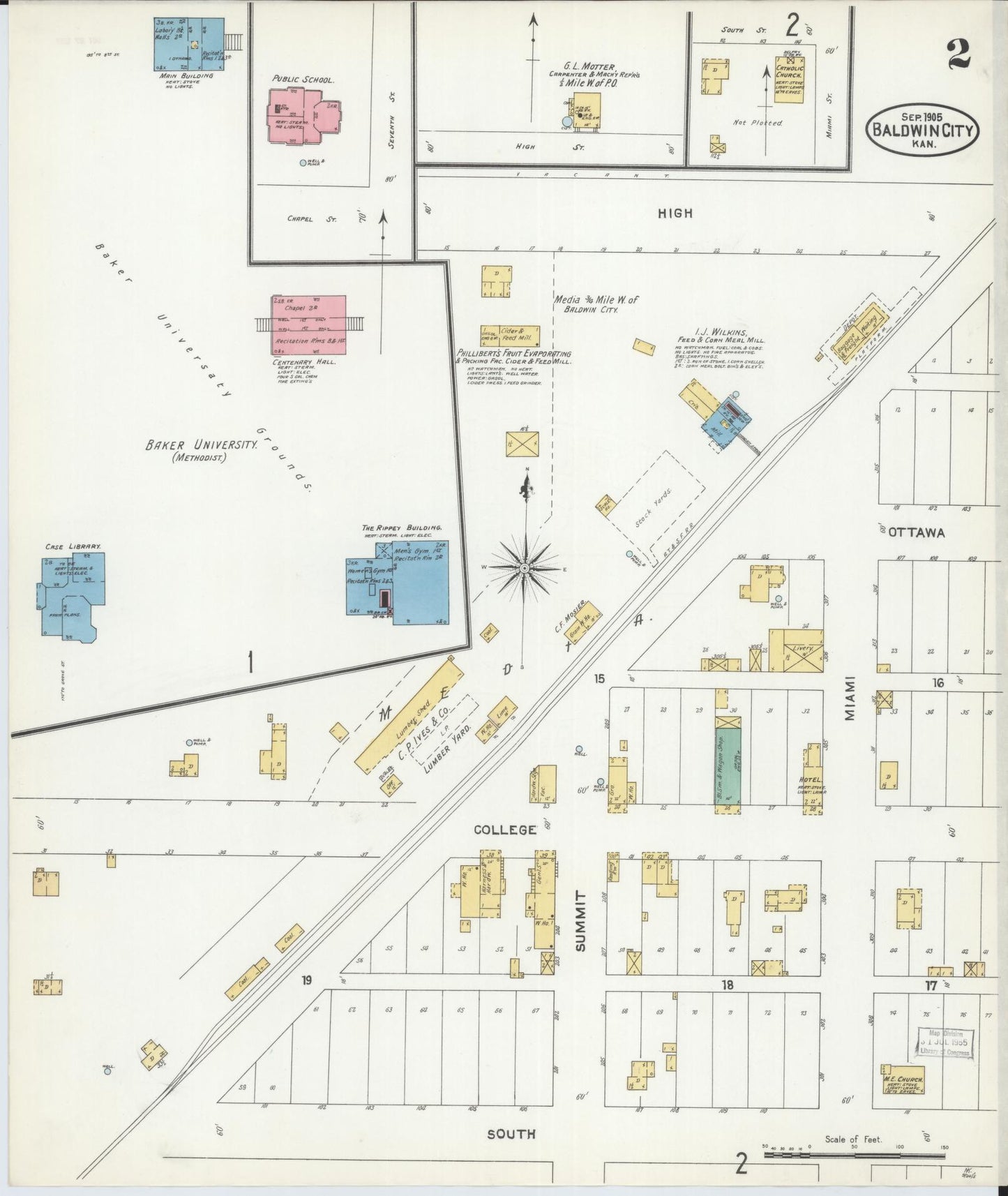 Sanborn Fire Insurance Map from Baldwin City, Douglas County, Kansas (1905), Sheet #0002 - Historic Sanborn Fire Insurance Map Print, vintage old map wall art, antique decor, genealogy gift, Kansas Kansas map