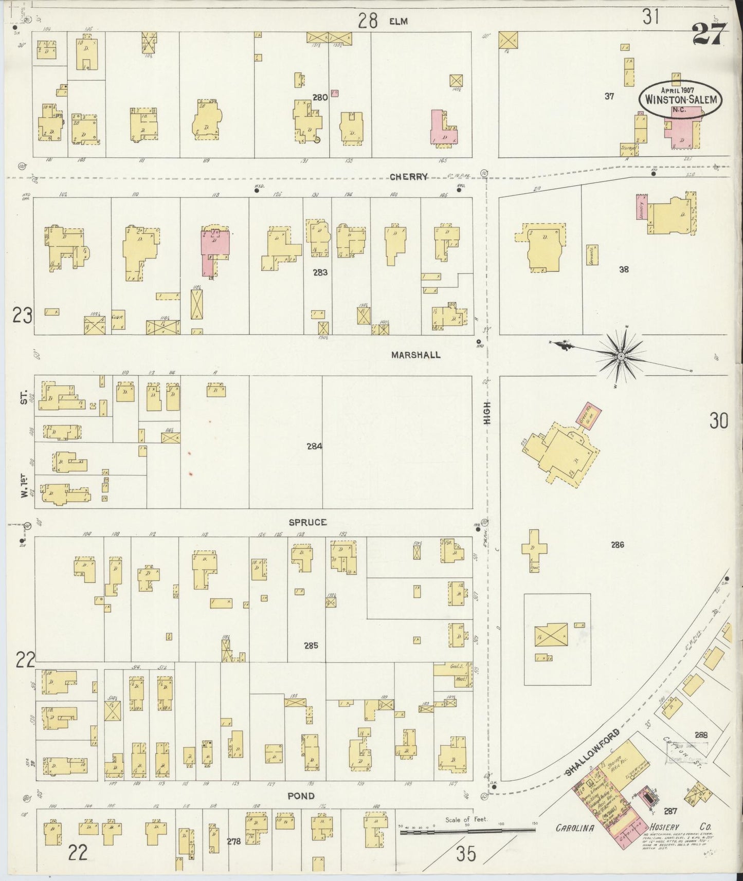 Sanborn Fire Insurance Map from Winston-Salem, Forsyth County, North Carolina (1907), Sheet #0027 - Historic Sanborn Fire Insurance Map Print, vintage old map wall art, antique decor, genealogy gift, North Carolina North Carolina map