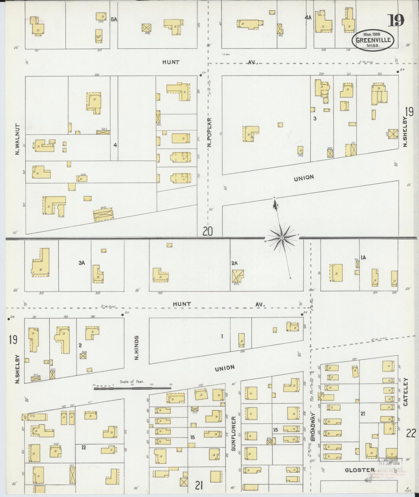 Sanborn Fire Insurance Map from Greenville, Washington County, Mississippi (1905), Sheet #0019 - Historic Sanborn Fire Insurance Map Print, vintage old map wall art, antique decor, genealogy gift, Mississippi Mississippi map