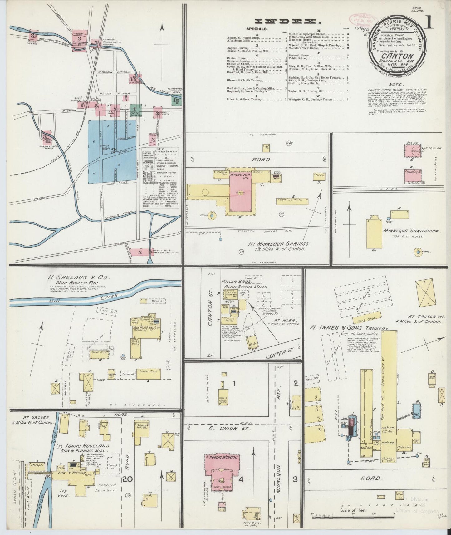 Sanborn Fire Insurance Map from Canton, Bradford County, Pennsylvania (1892), Sheet #0001 - Historic Sanborn Fire Insurance Map Print, vintage old map wall art, antique decor, genealogy gift, Pennsylvania Pennsylvania map