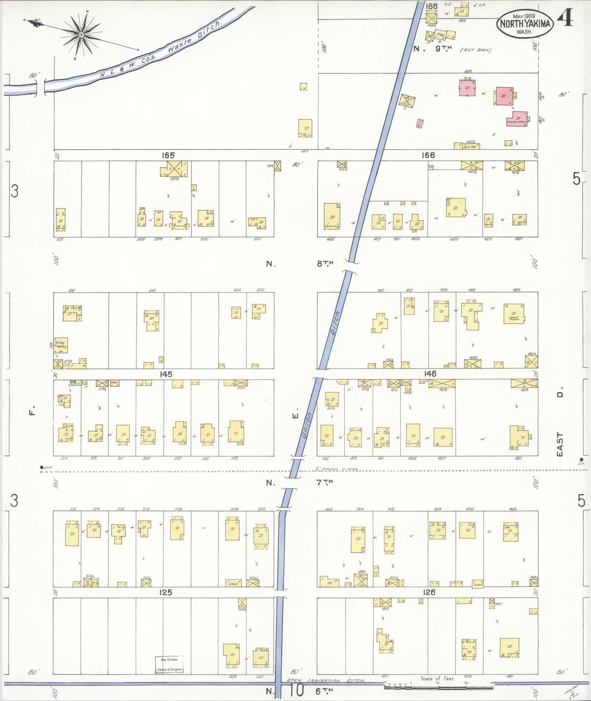Sanborn Fire Insurance Map from North Yakima, Yakima County, Washington (1909), Sheet #0004 - Historic Sanborn Fire Insurance Map Print, vintage old map wall art, antique decor, genealogy gift, Washington Washington map