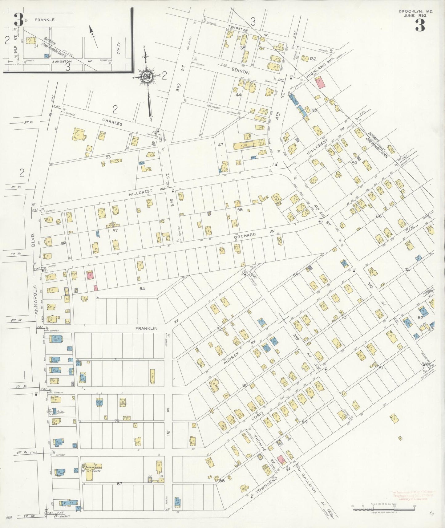 Sanborn Fire Insurance Map from Brooklyn, Anne Arundel County, Maryland (1932), Sheet #0003 - Historic Sanborn Fire Insurance Map Print, vintage old map wall art, antique decor, genealogy gift, Maryland Maryland map