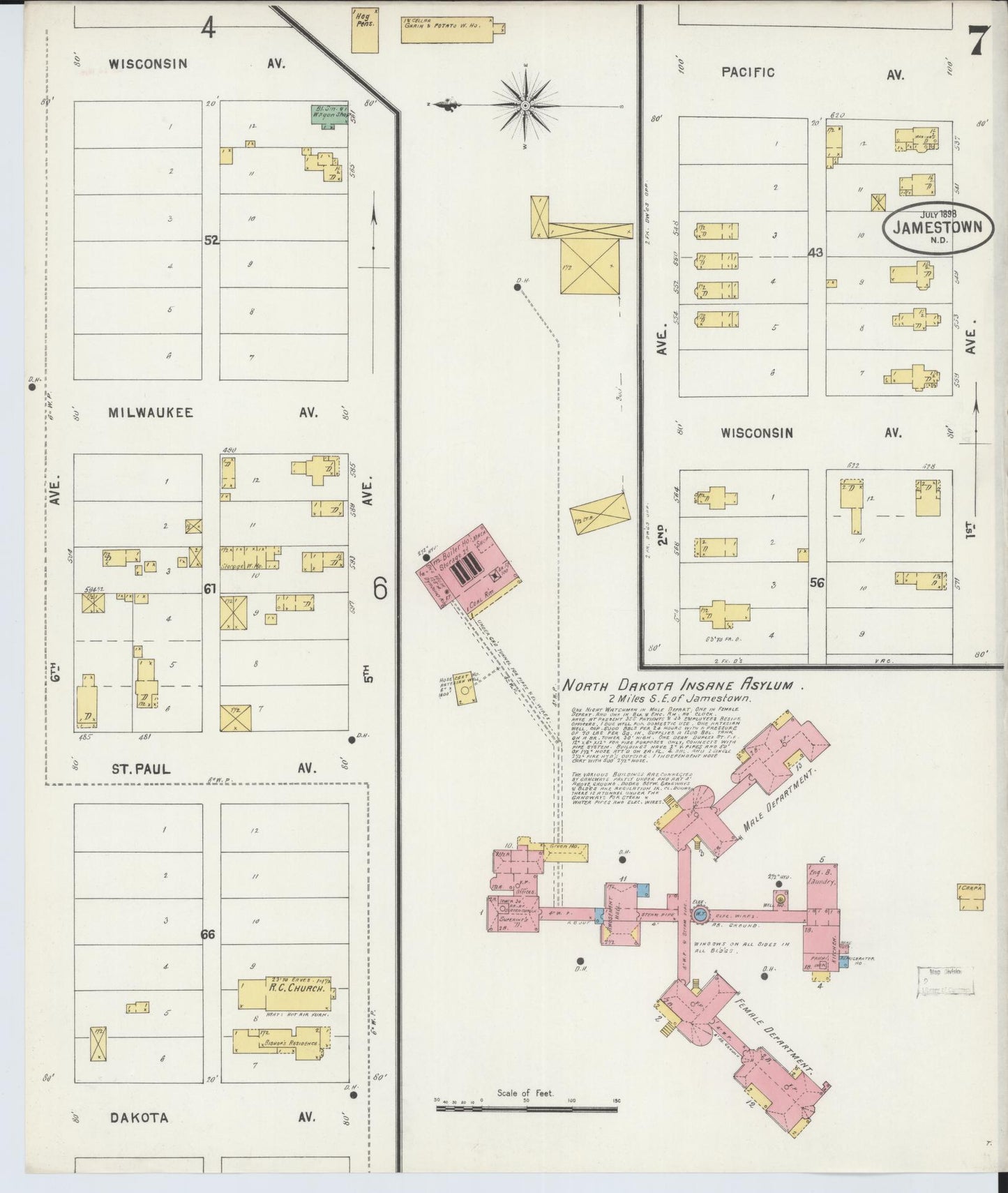 Sanborn Fire Insurance Map from Jamestown, Stutsman County, North Dakota (1898), Sheet #0007 - Complete Map Set gallery image, historic Sanborn map, vintage wall art, North Dakota North Dakota