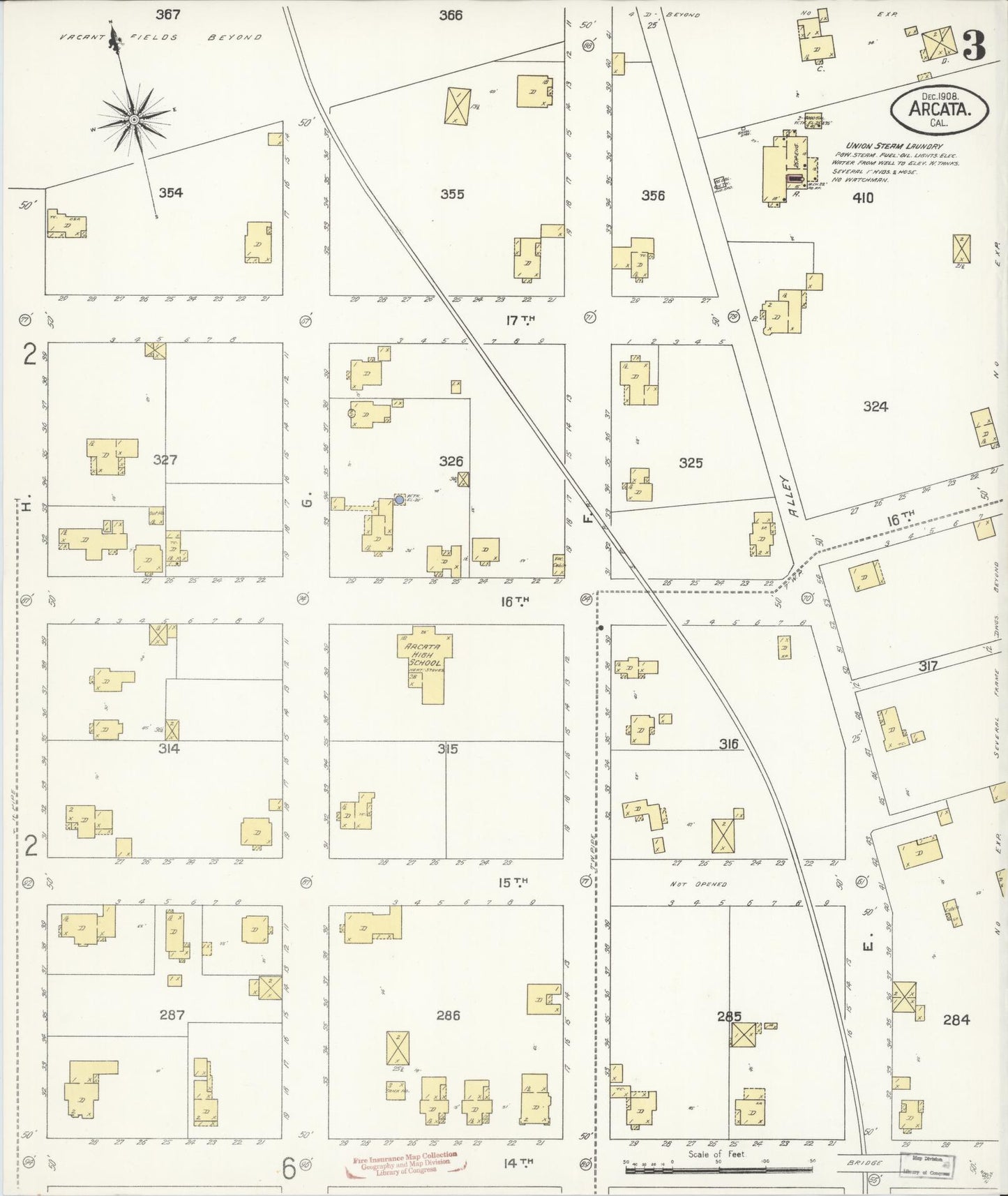 Sanborn Fire Insurance Map from Arcata, Humboldt County, California (1908), Sheet #0003 - Historic Sanborn Fire Insurance Map Print, vintage old map wall art, antique decor, genealogy gift, California California map