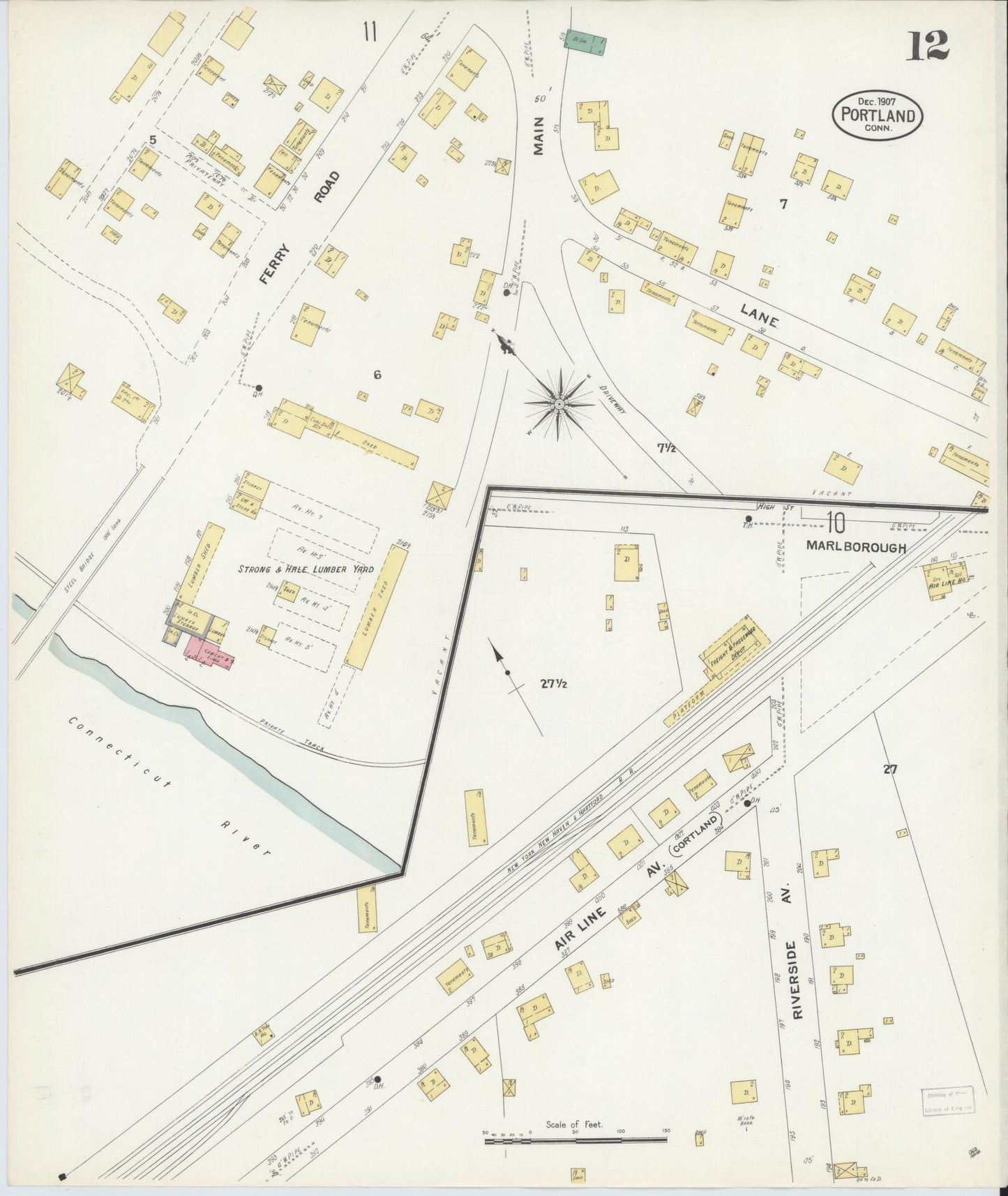 Sanborn Fire Insurance Map from Portland, Middlesex County, Connecticut (1907), Sheet #0012 - Complete Map Set gallery image, historic Sanborn map, vintage wall art, Connecticut Connecticut